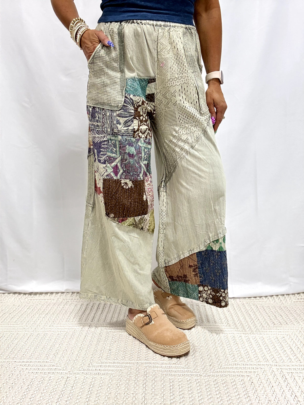 Bohemian Patchwork Dream Pants In Sage Multi