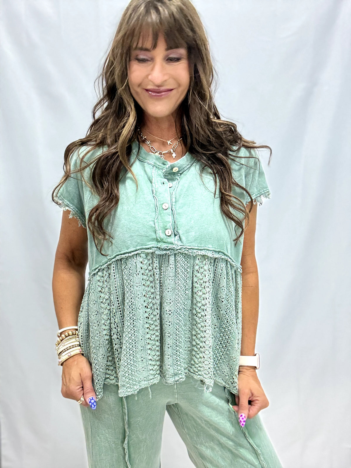 On The Edge Lace Mineral Washed Babydoll Top In 2 Colors