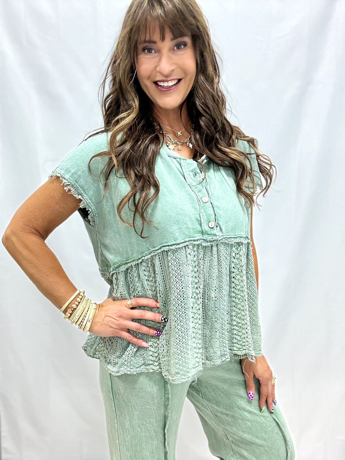 On The Edge Lace Mineral Washed Babydoll Top In 2 Colors