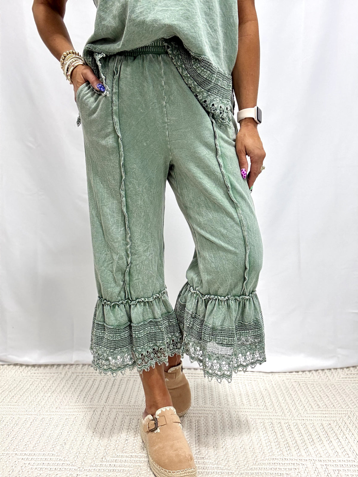 Stroll On By Lace Trimmed Pants In 5 Colors
