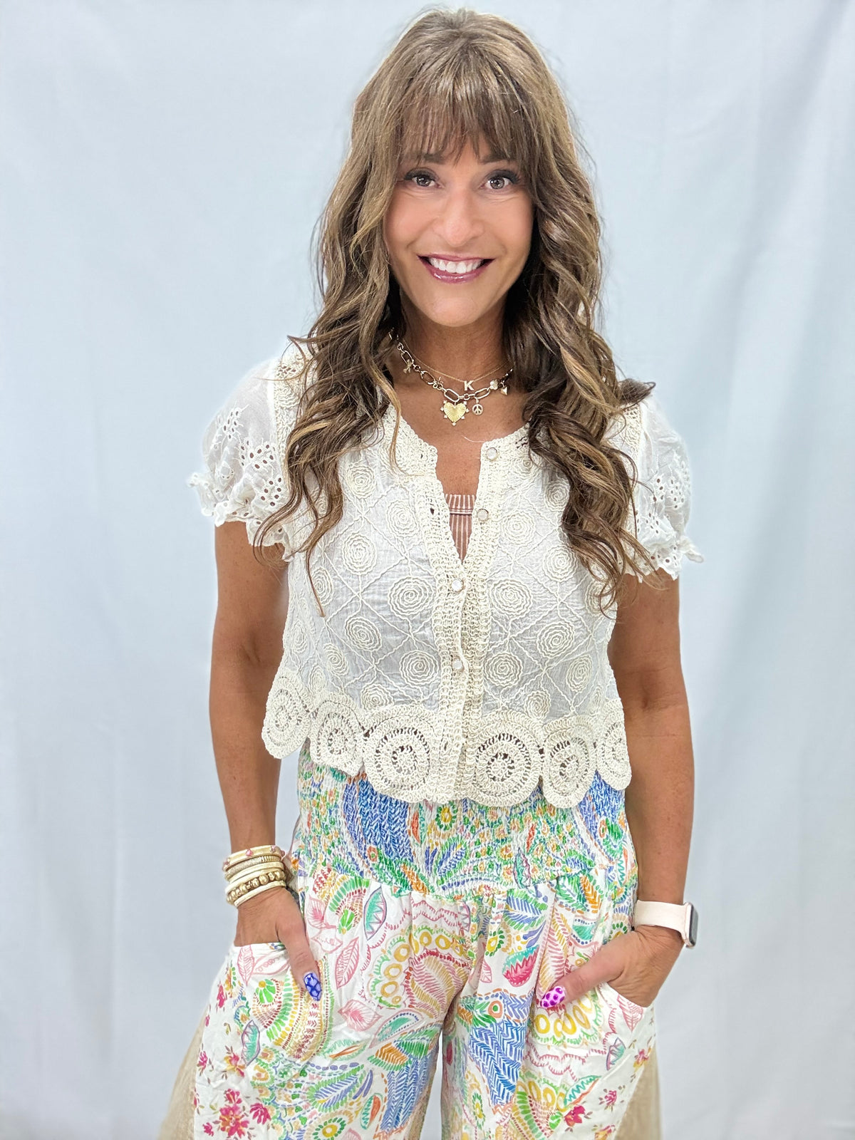 Pol Meadow Bloom Crochet Trim Top