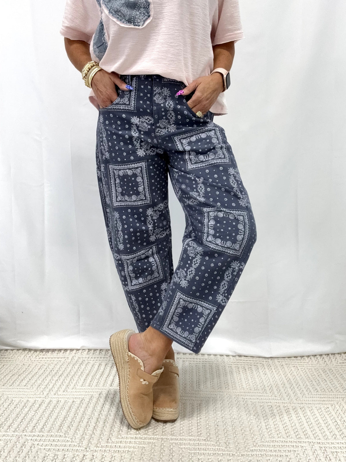 Keep Me Close Bandana Print Barrel Pants In Denim