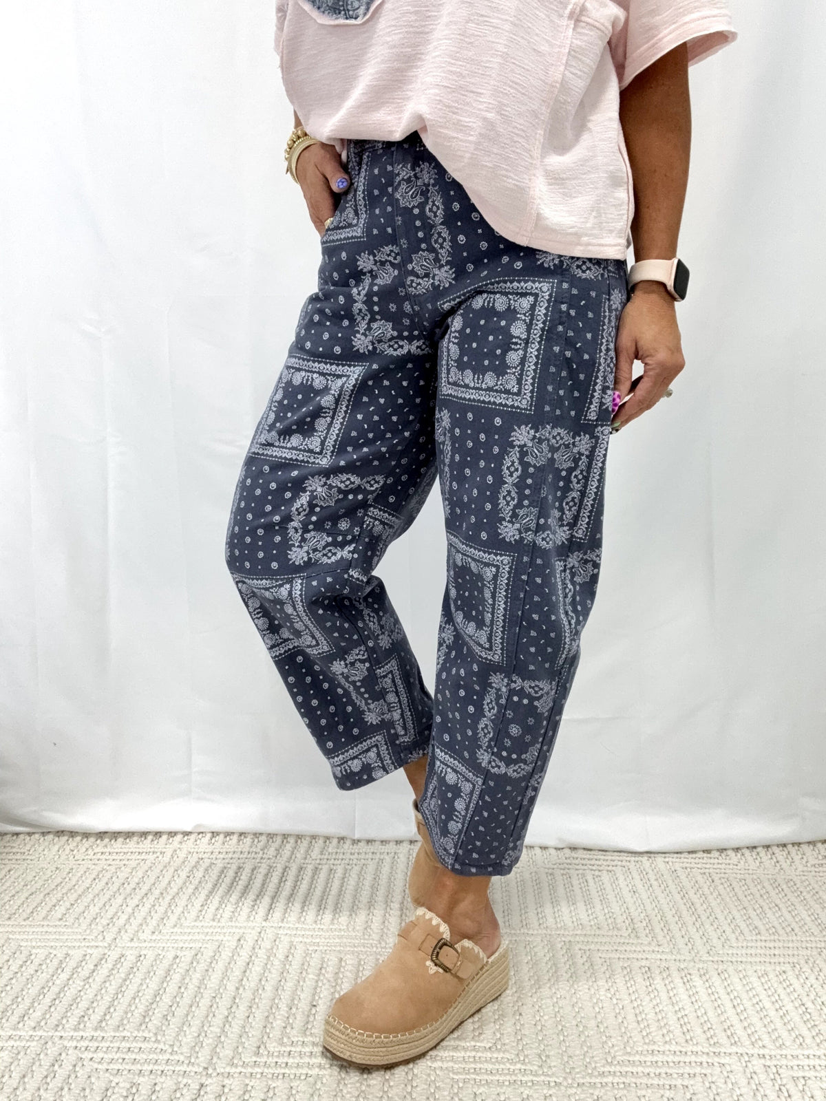 Keep Me Close Bandana Print Barrel Pants In Denim