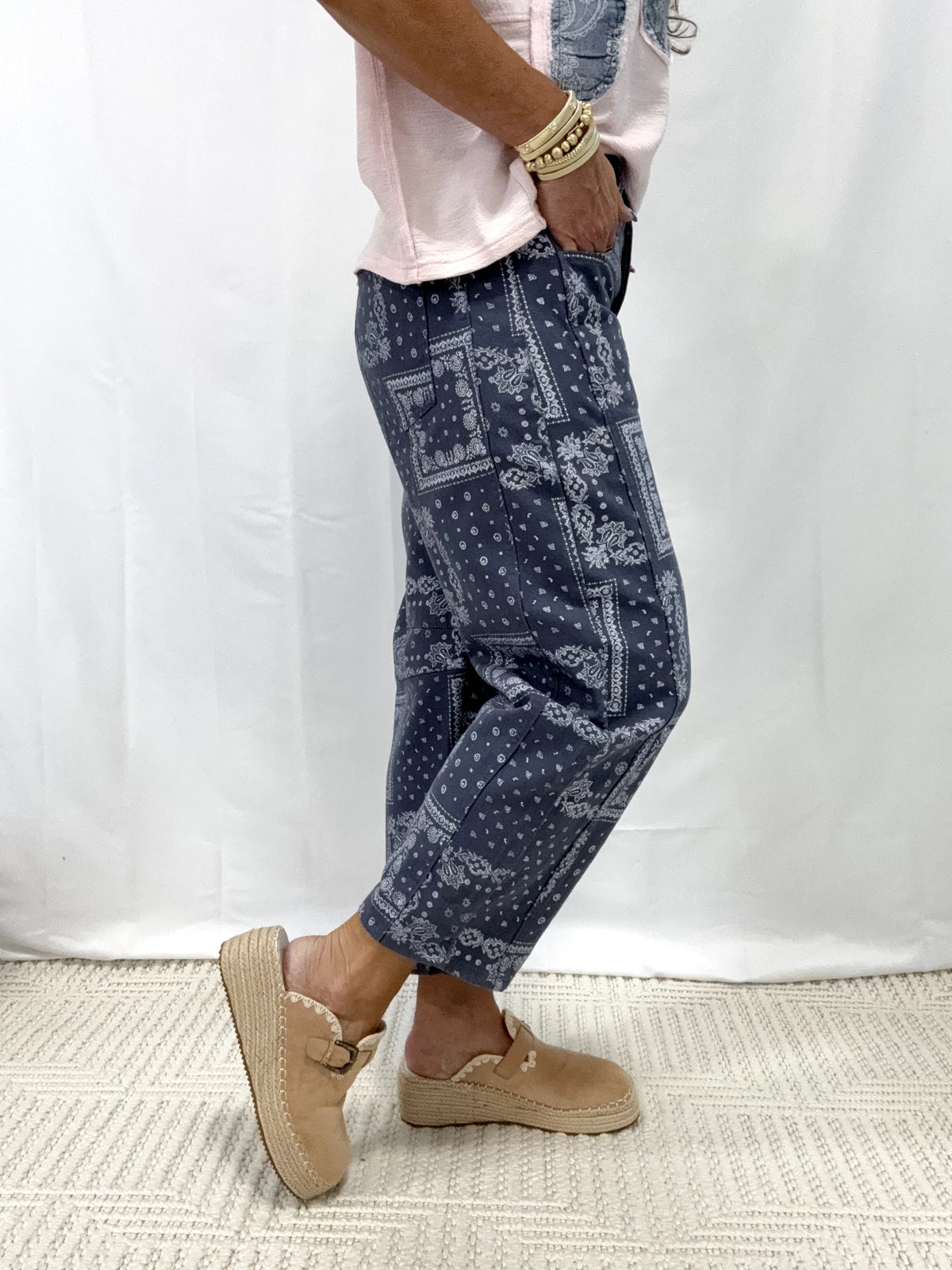 Keep Me Close Bandana Print Barrel Pants In Denim