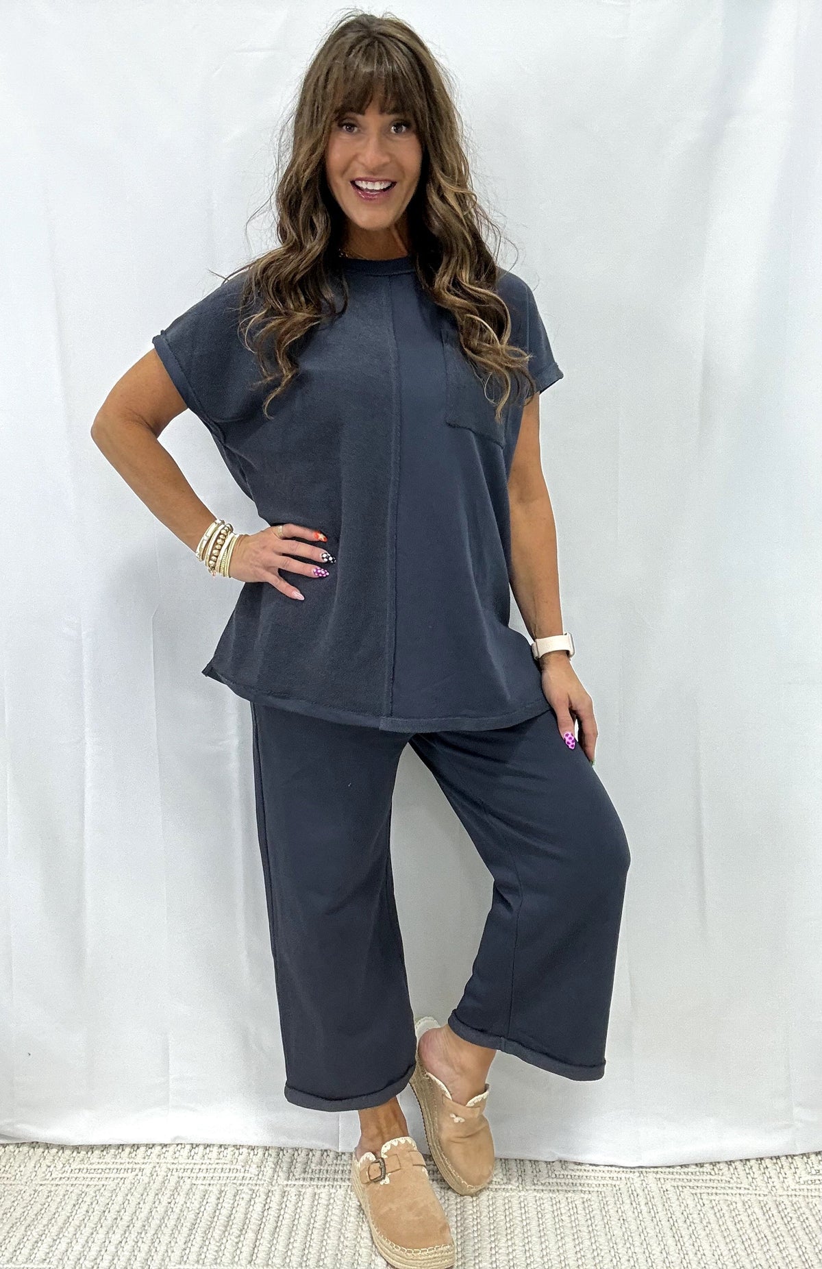 Terry Mixed Top Elastic Waistband Long Pants Set In 3 Colors *Final Sale*