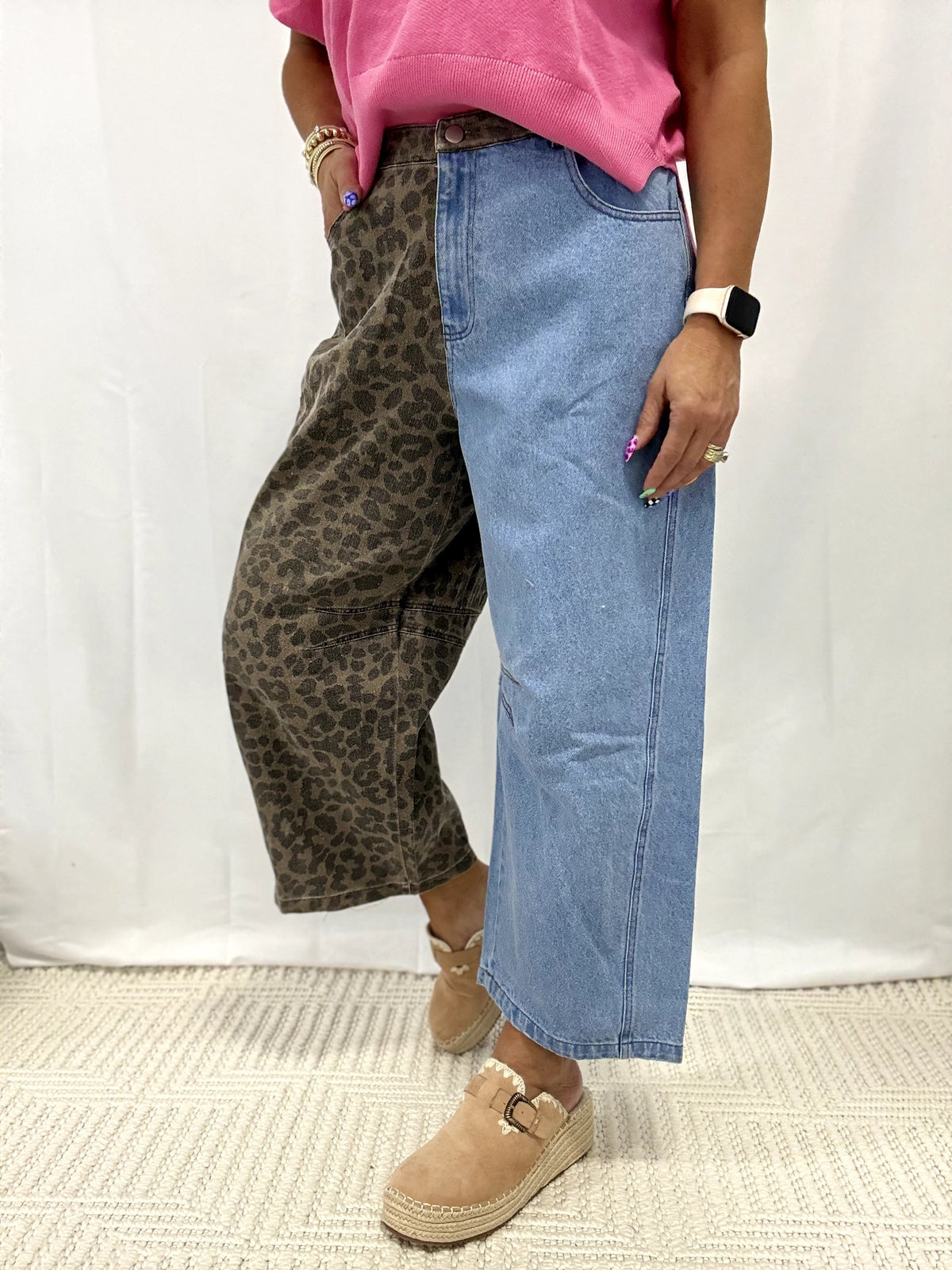 Relaxed Fit Split Design Wide Leg Pants In Brown/Denim *Final Sale*