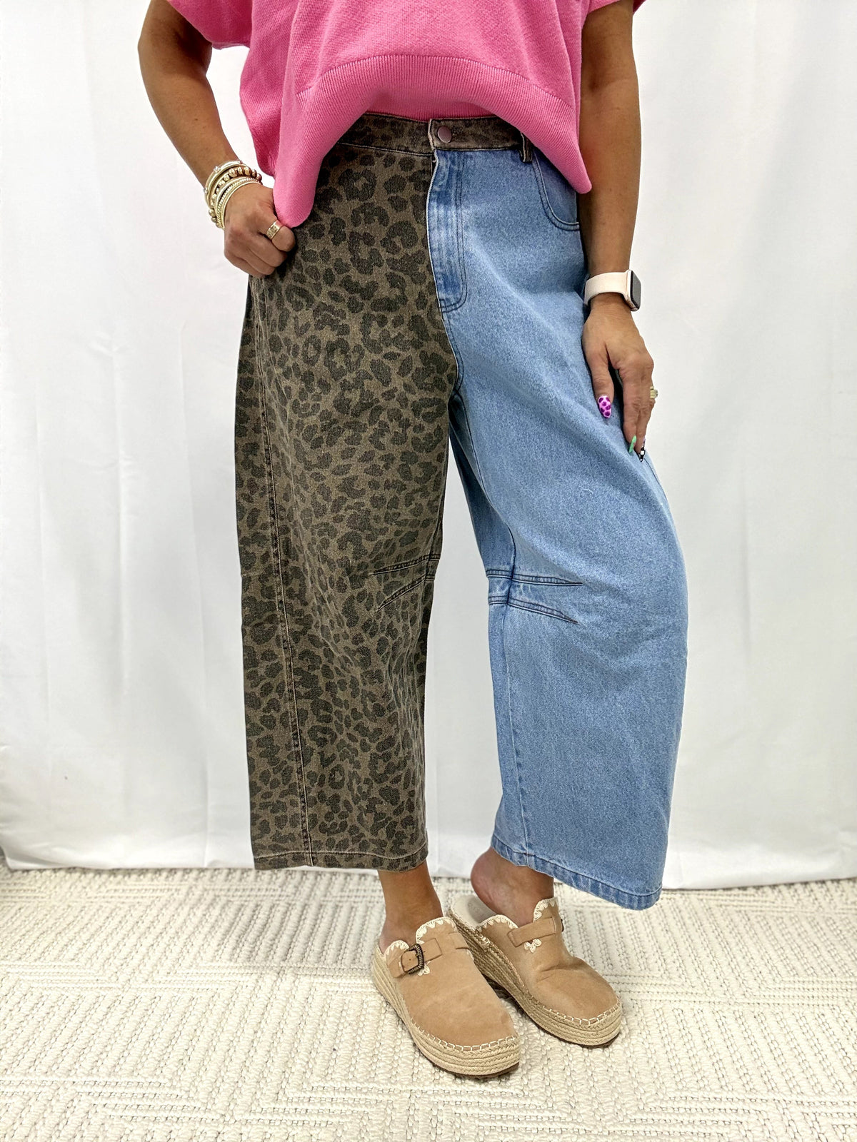 Relaxed Fit Split Design Wide Leg Pants In Brown/Denim *Final Sale*