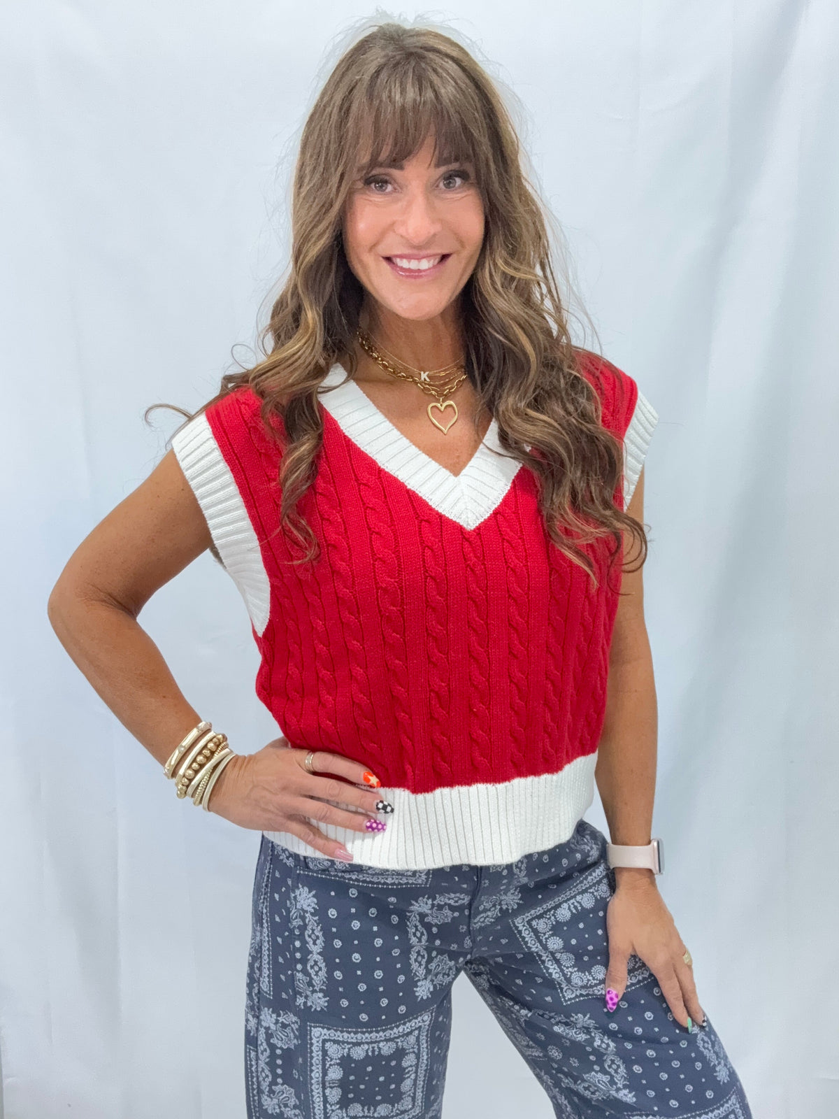 Relaxed Fit Cable Knit V Neck Sleeveless Vest In Red *Final Sale*