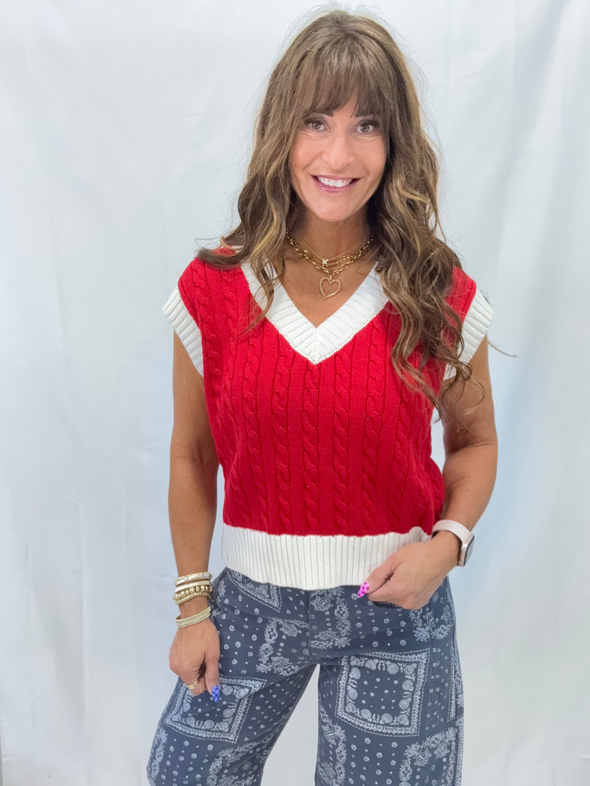 Relaxed Fit Cable Knit V Neck Sleeveless Vest In Red *Final Sale*