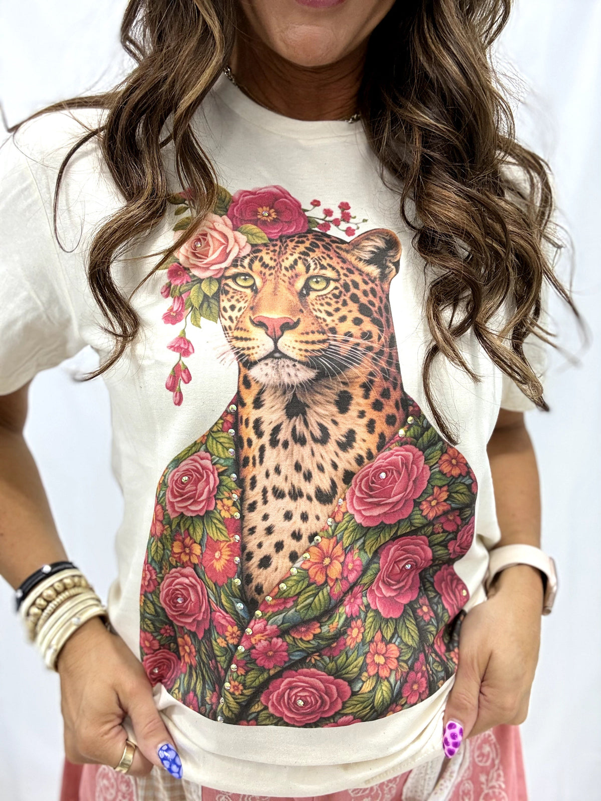 Floral Leopard Crystal Graphic Tee In Cream *Final Sale*