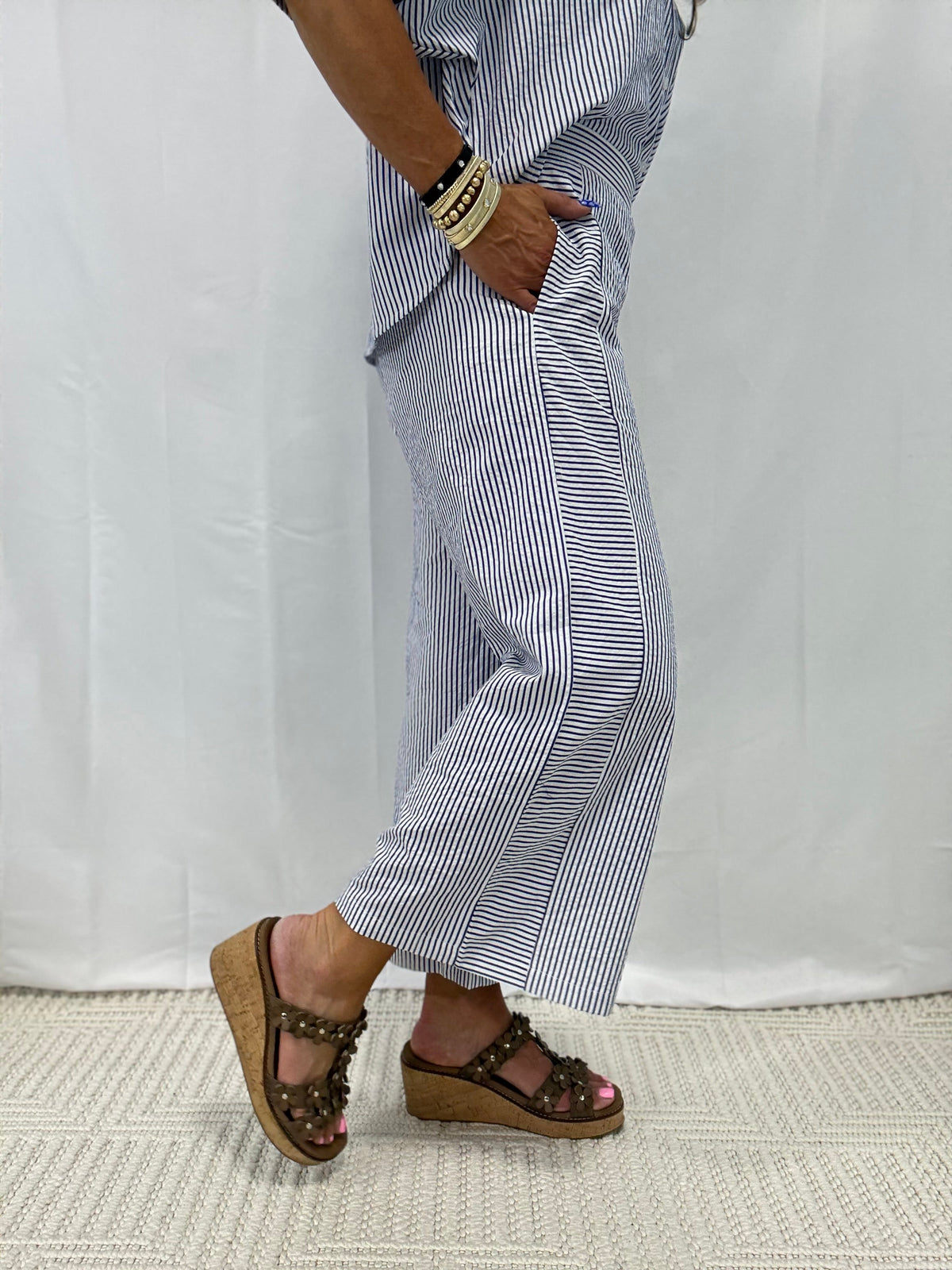Seaside Stripe Side Button Pants In Navy
