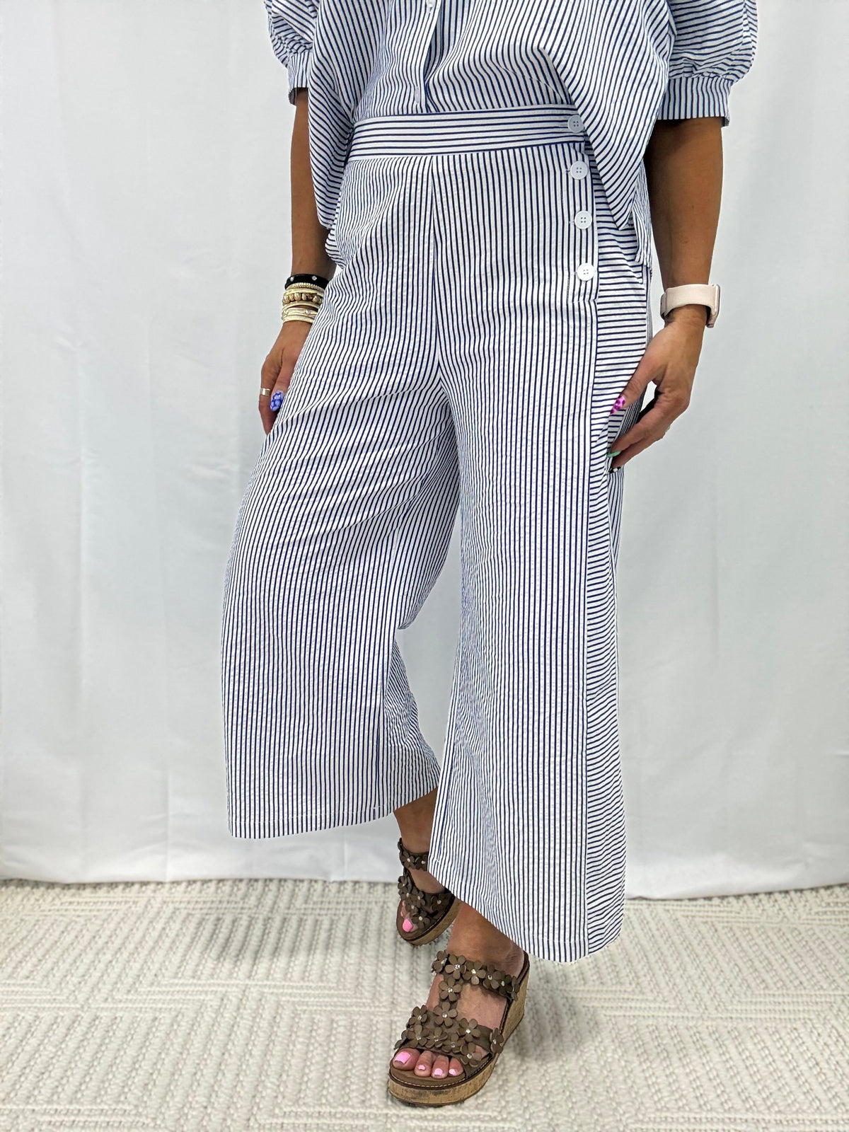 Seaside Stripe Side Button Pants In Navy
