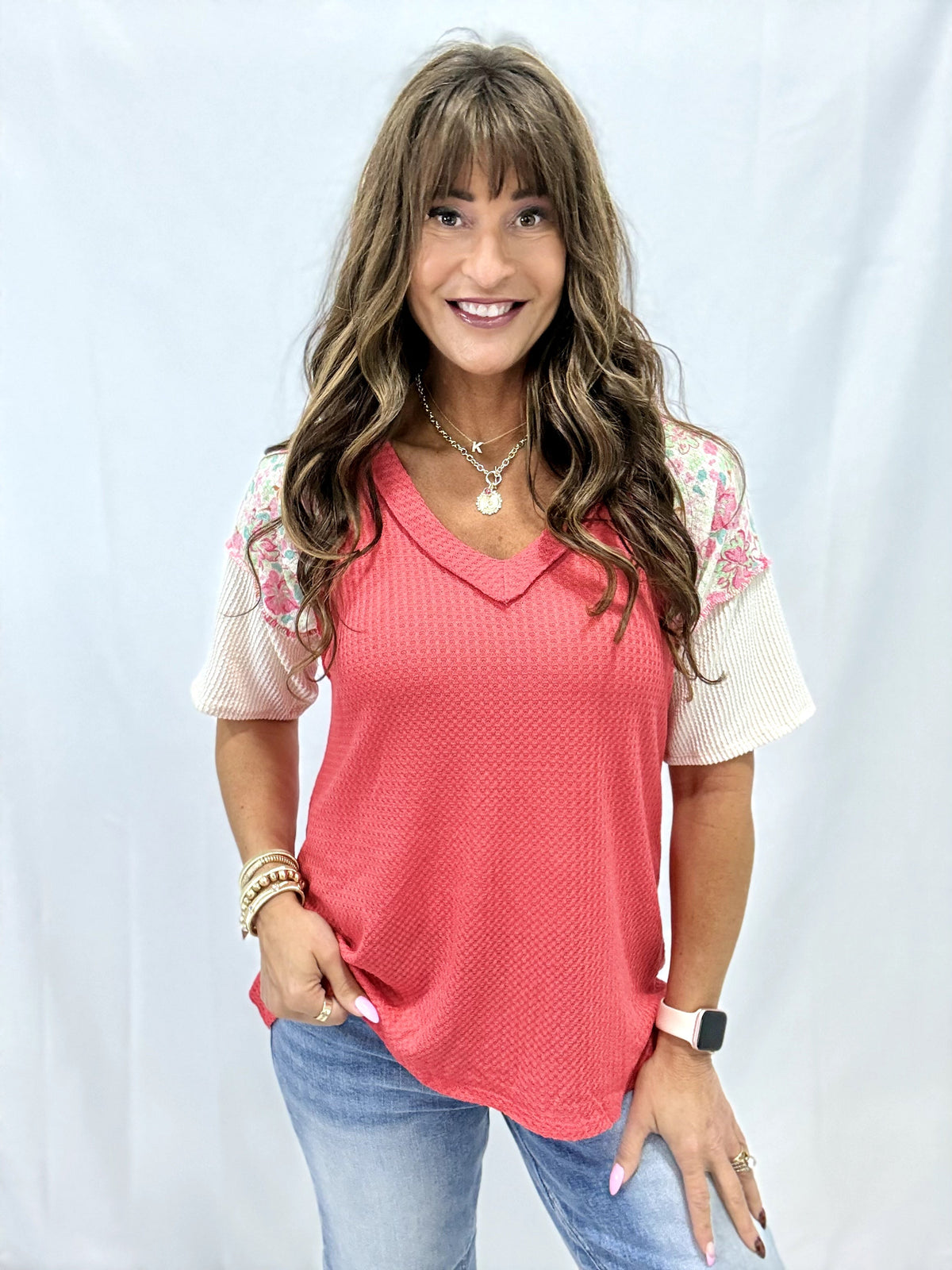 Short Sleeve Solid And Floral Top In Coral *Final Sale*