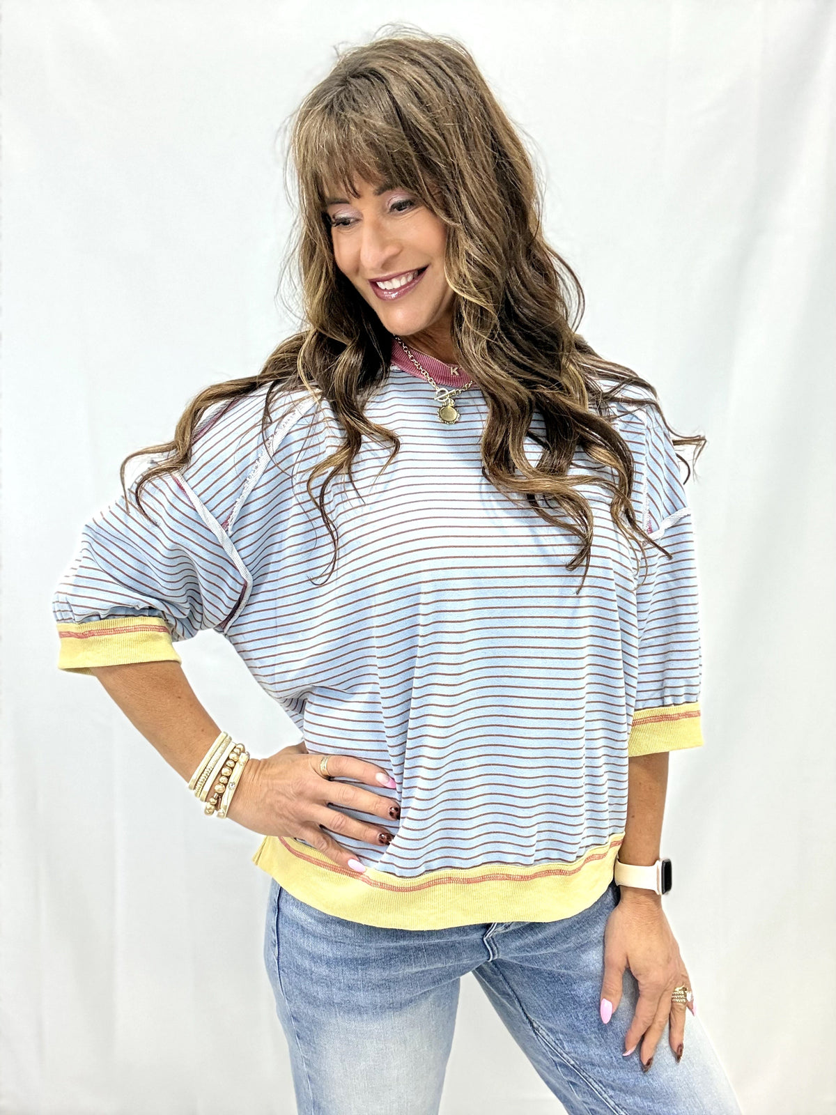 Lucky Me Feeling Stripe Oversized Pullover In Blue Mustard