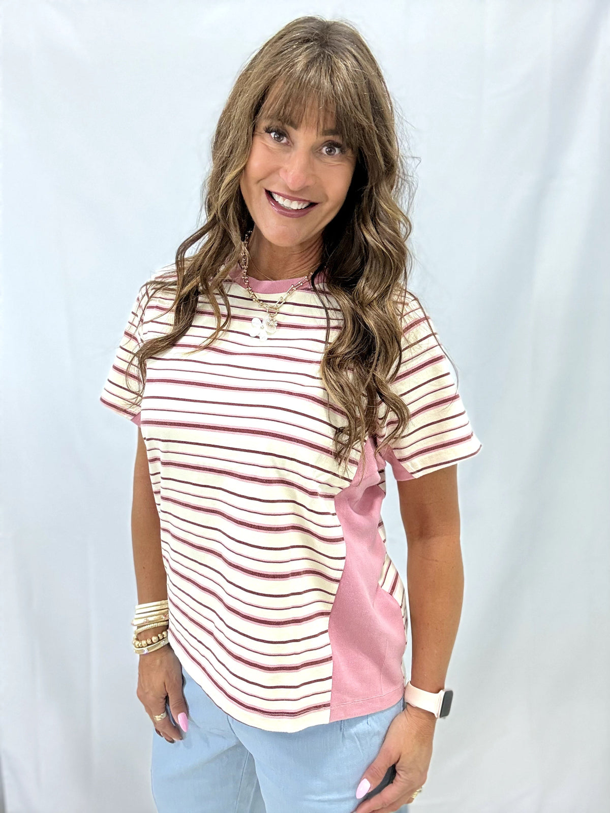 Mixed Media Stipe & Solid Short Sleeve Top