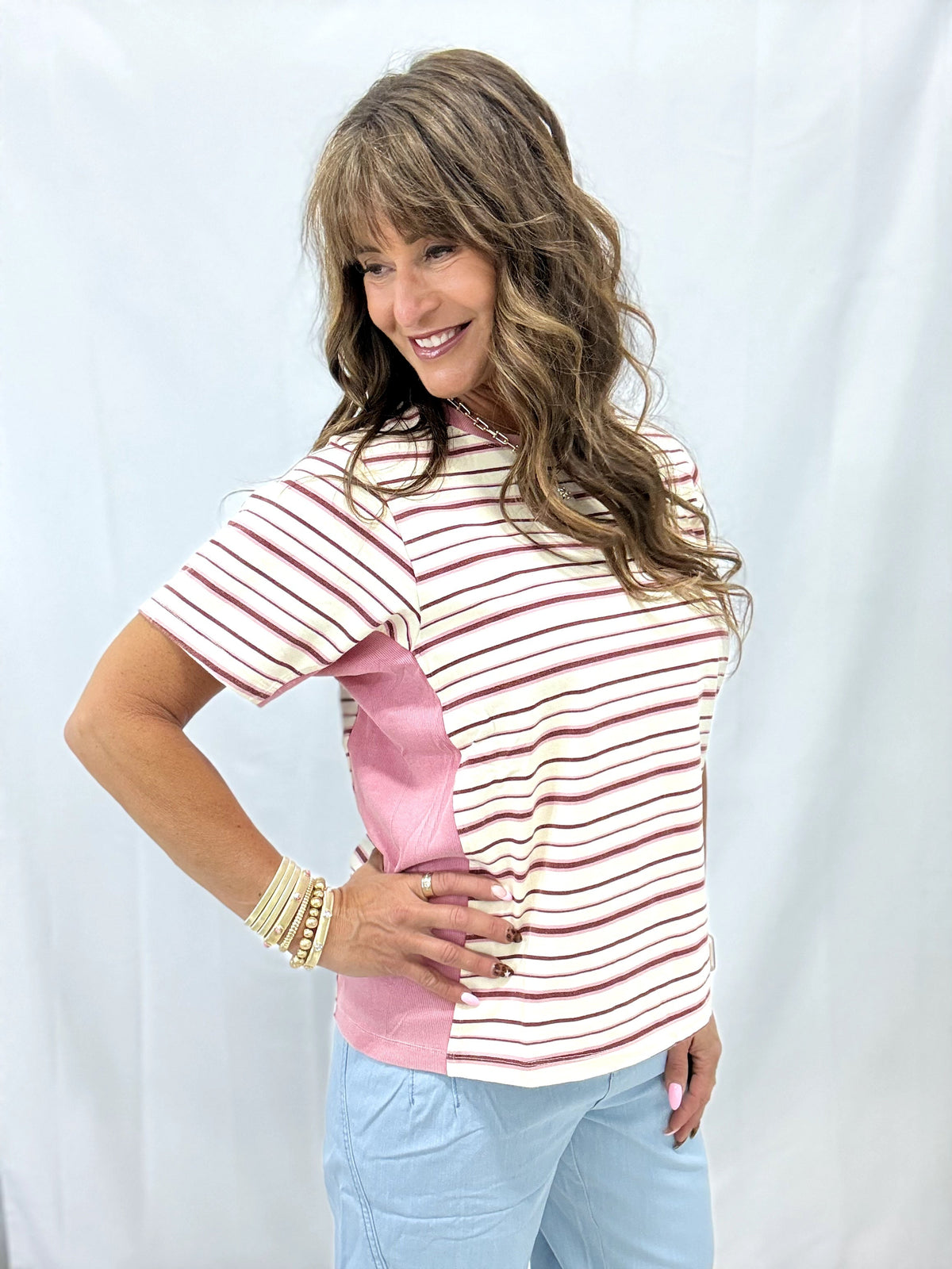 Mixed Media Stipe & Solid Short Sleeve Top