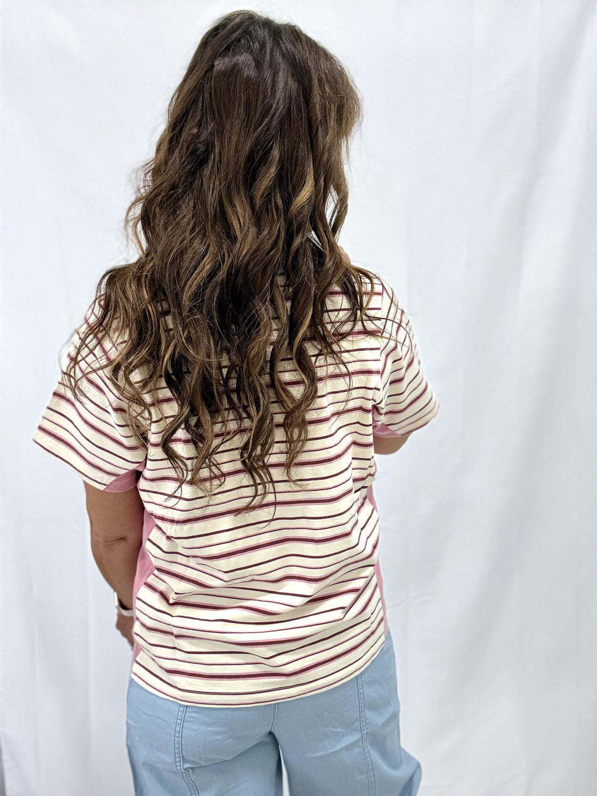Mixed Media Stipe & Solid Short Sleeve Top