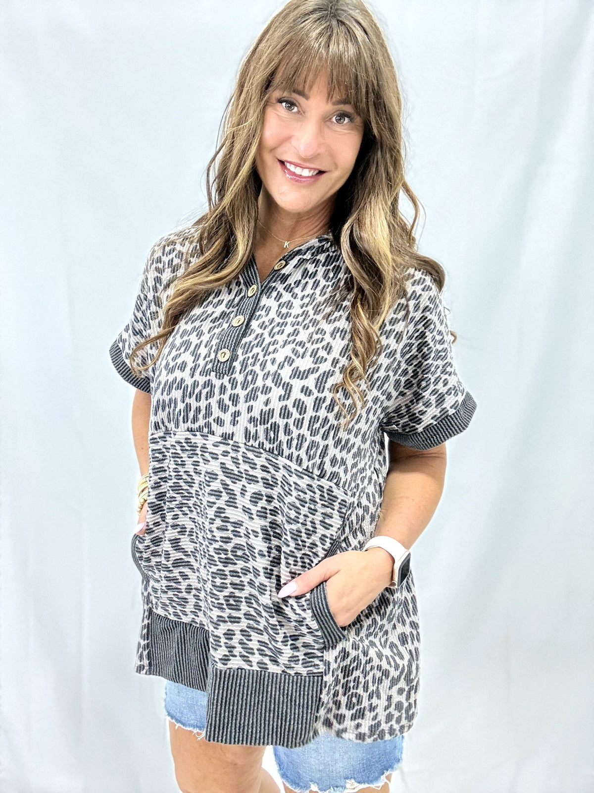 Short Sleeve Animal And Solid Contrast Hooded Top In 2 Colors *Final Sale*