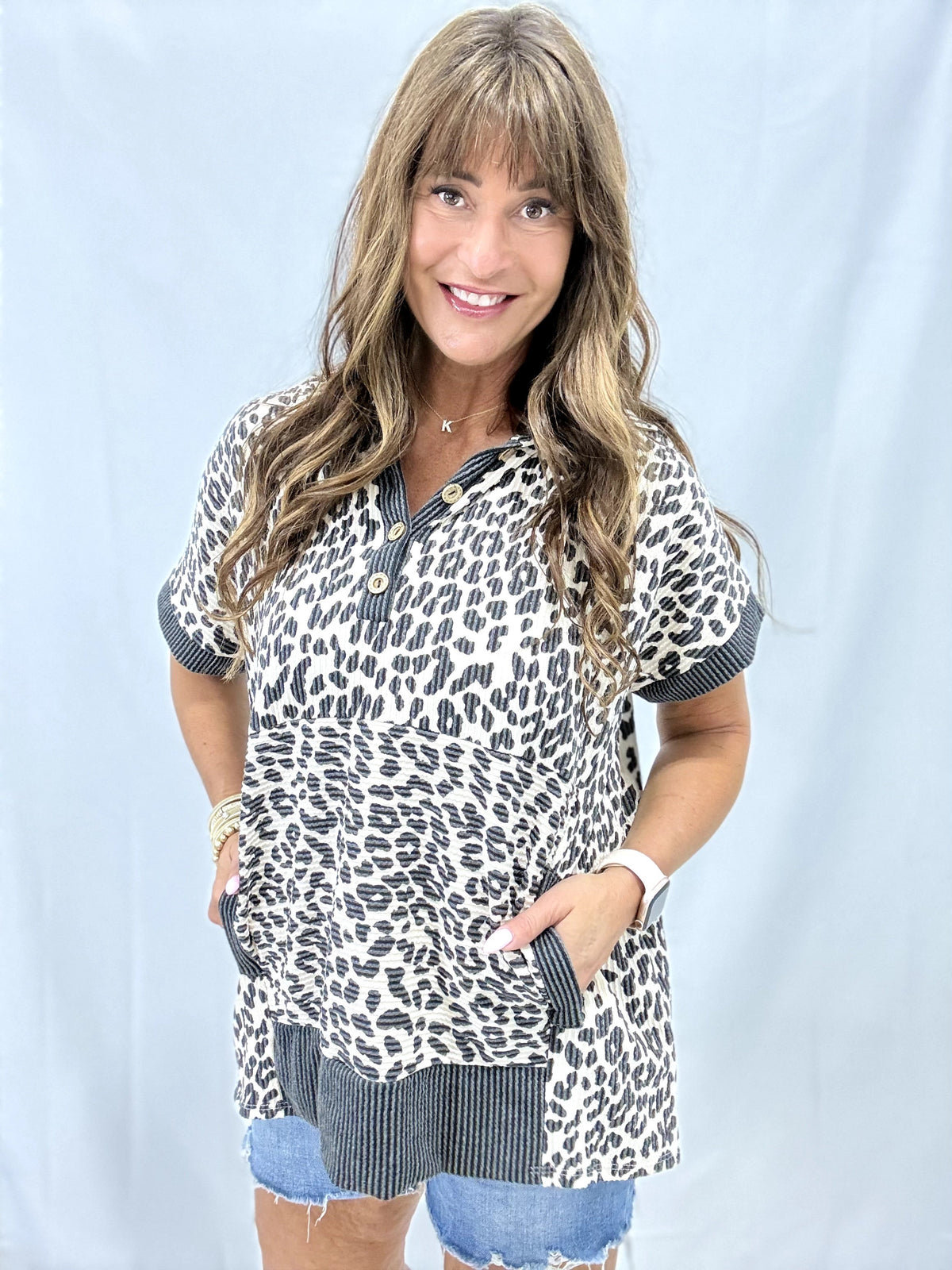 Short Sleeve Animal And Solid Contrast Hooded Top In 2 Colors *Final Sale*