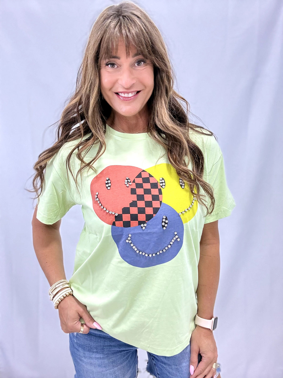 Meet Me Halfway Besazzled Smiley Face Top In Mauve