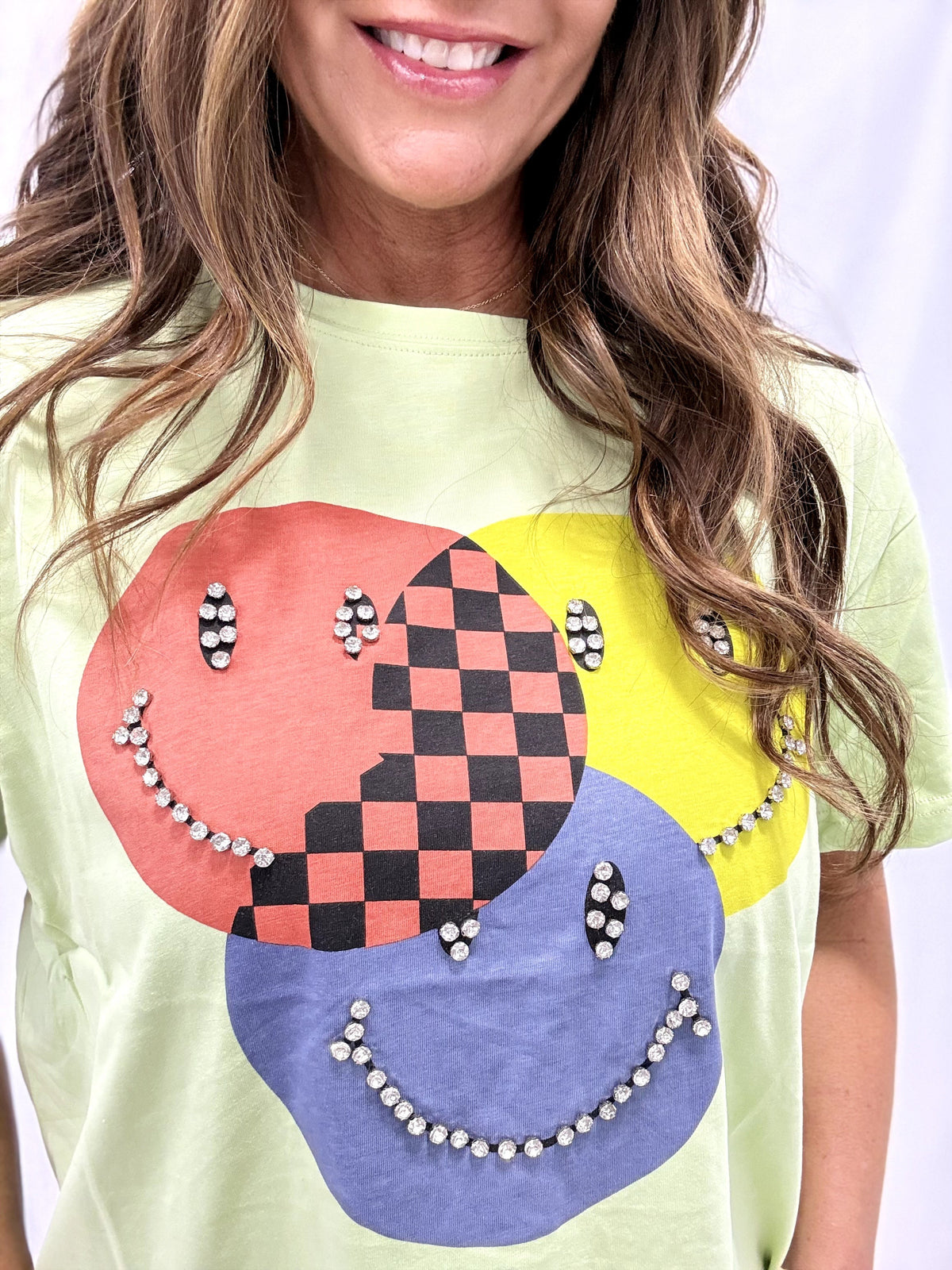Meet Me Halfway Besazzled Smiley Face Top In Mauve