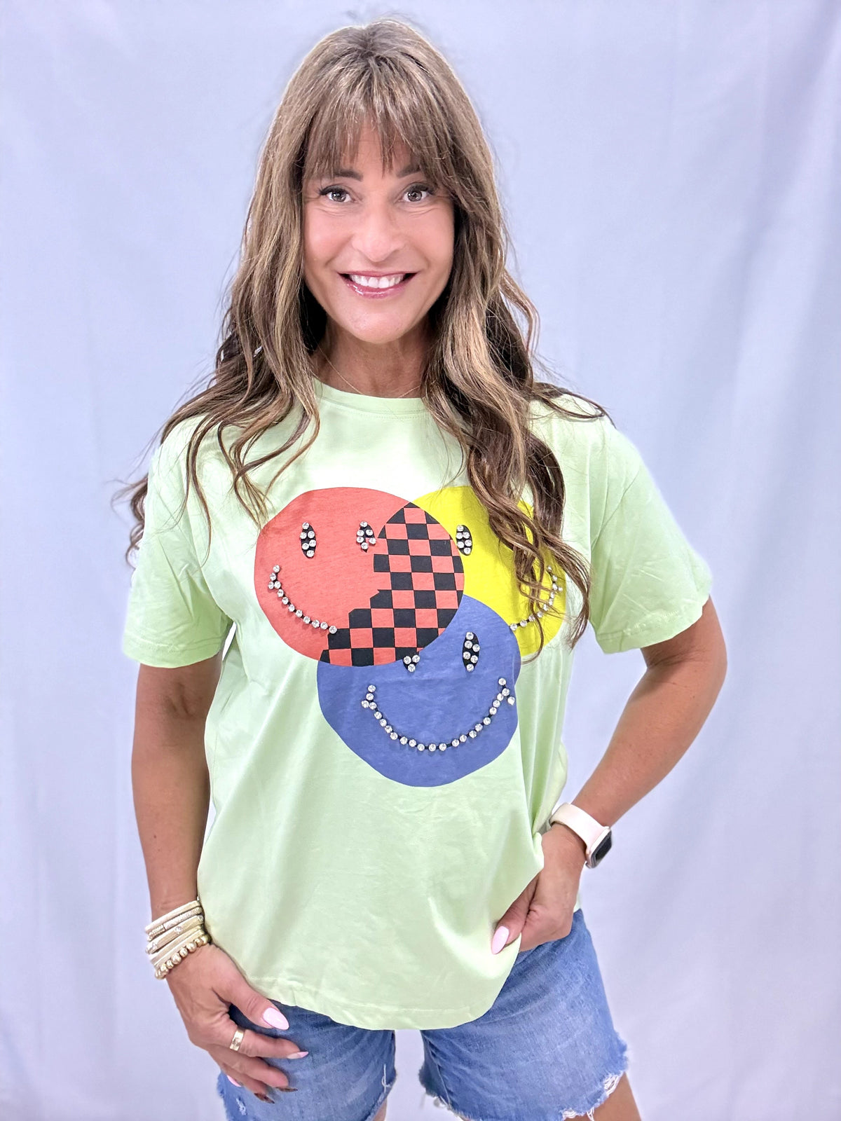 Meet Me Halfway Besazzled Smiley Face Top In Mauve