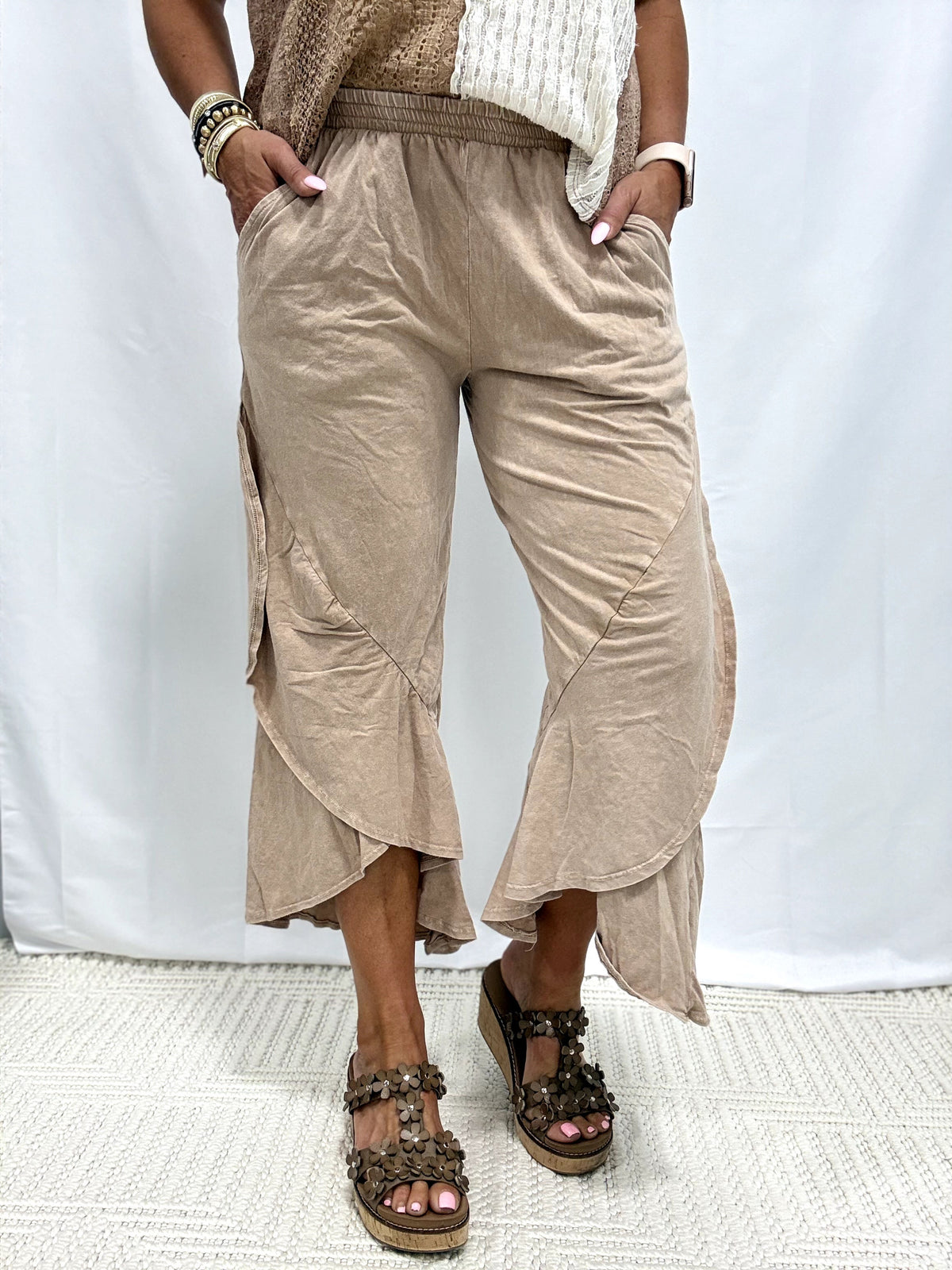 Ruffle Cross Over Crop Pants In 3 Colors