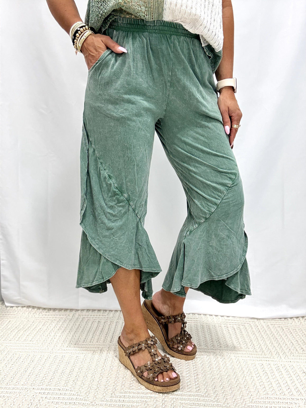 Ruffle Cross Over Crop Pants In 3 Colors
