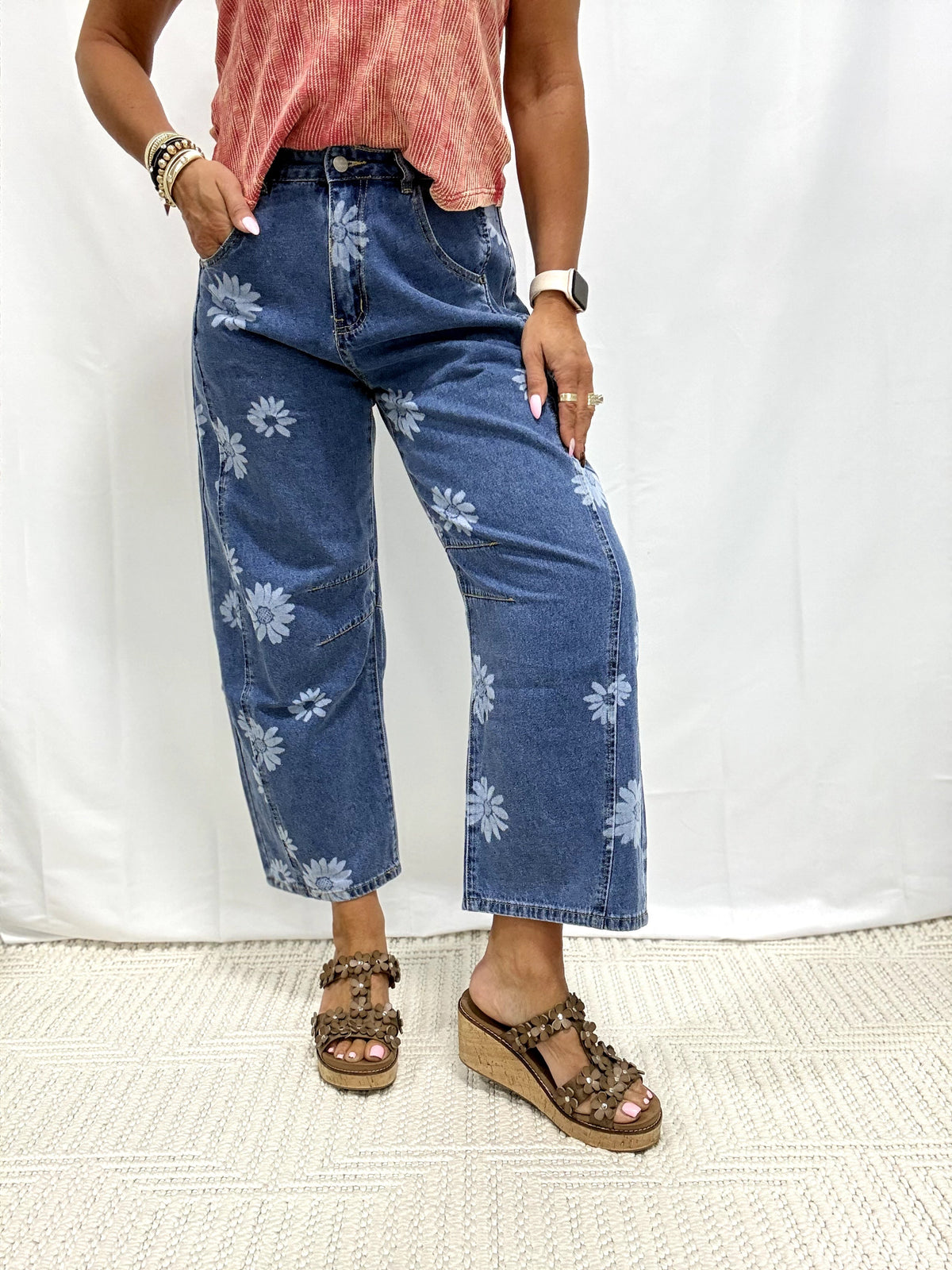 Floral Beauty Barrel Jeans in Denim Blue