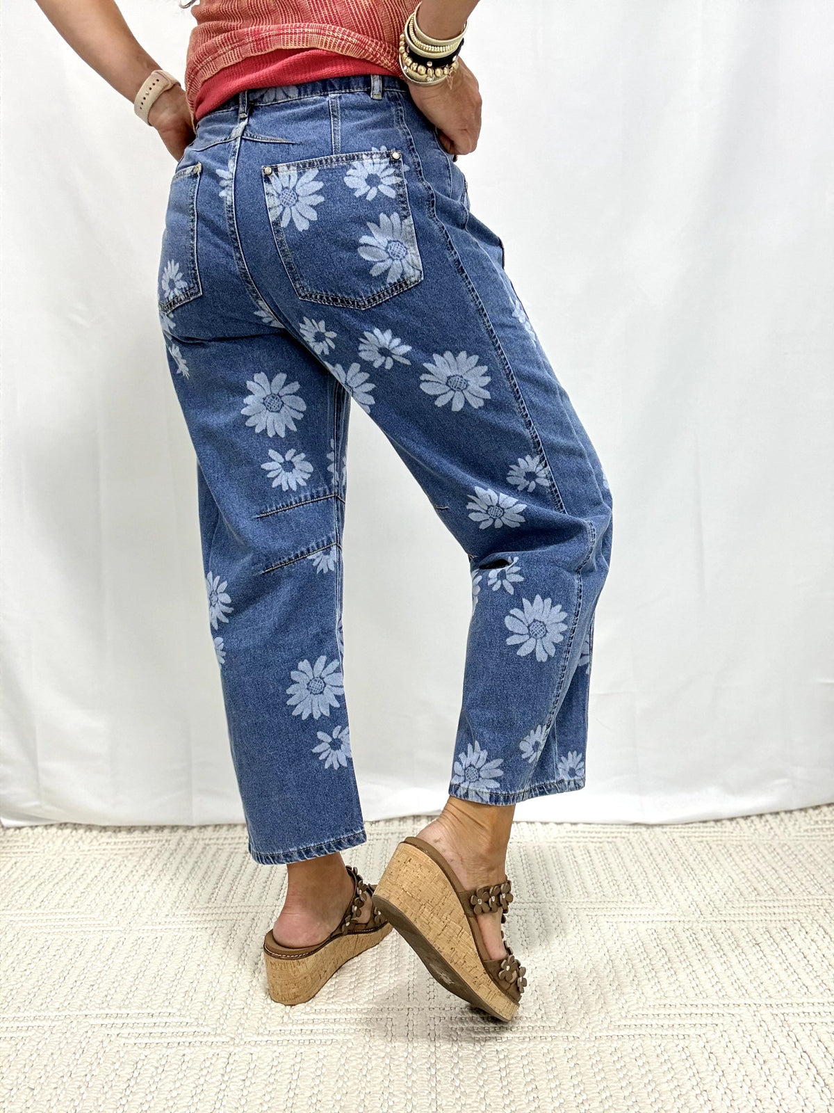Floral Beauty Barrel Jeans in Denim Blue