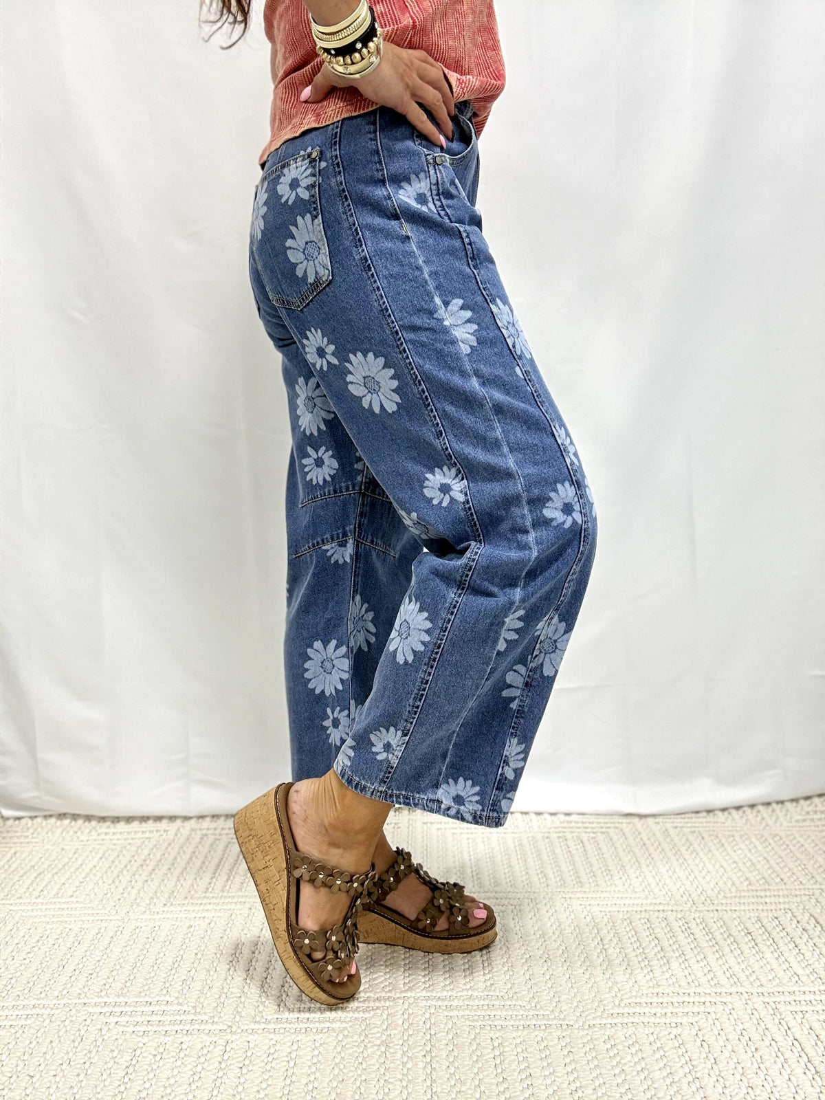 Floral Beauty Barrel Jeans in Denim Blue