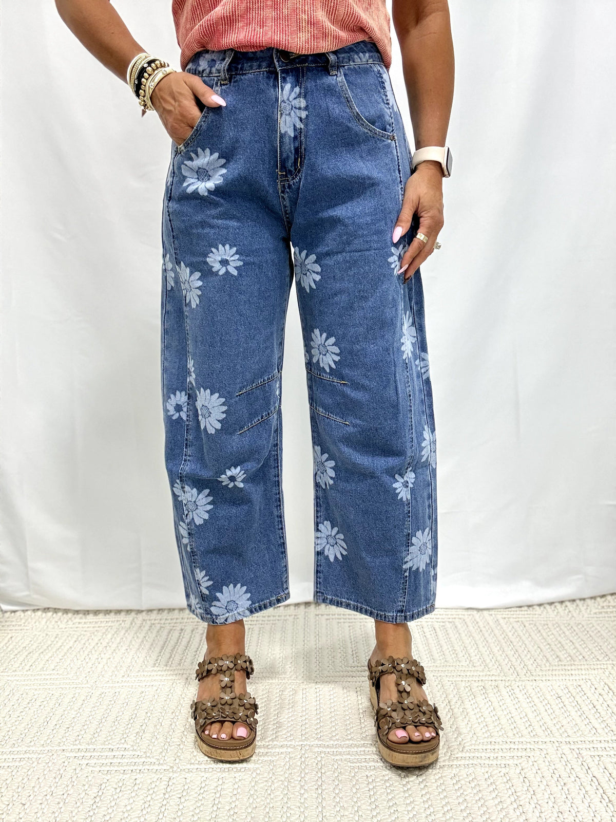 Floral Beauty Barrel Jeans in Denim Blue