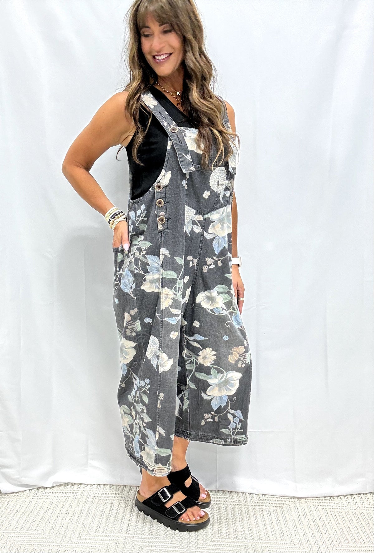 Flower Printed Washed Denim Jumpsuit In 3 Colors