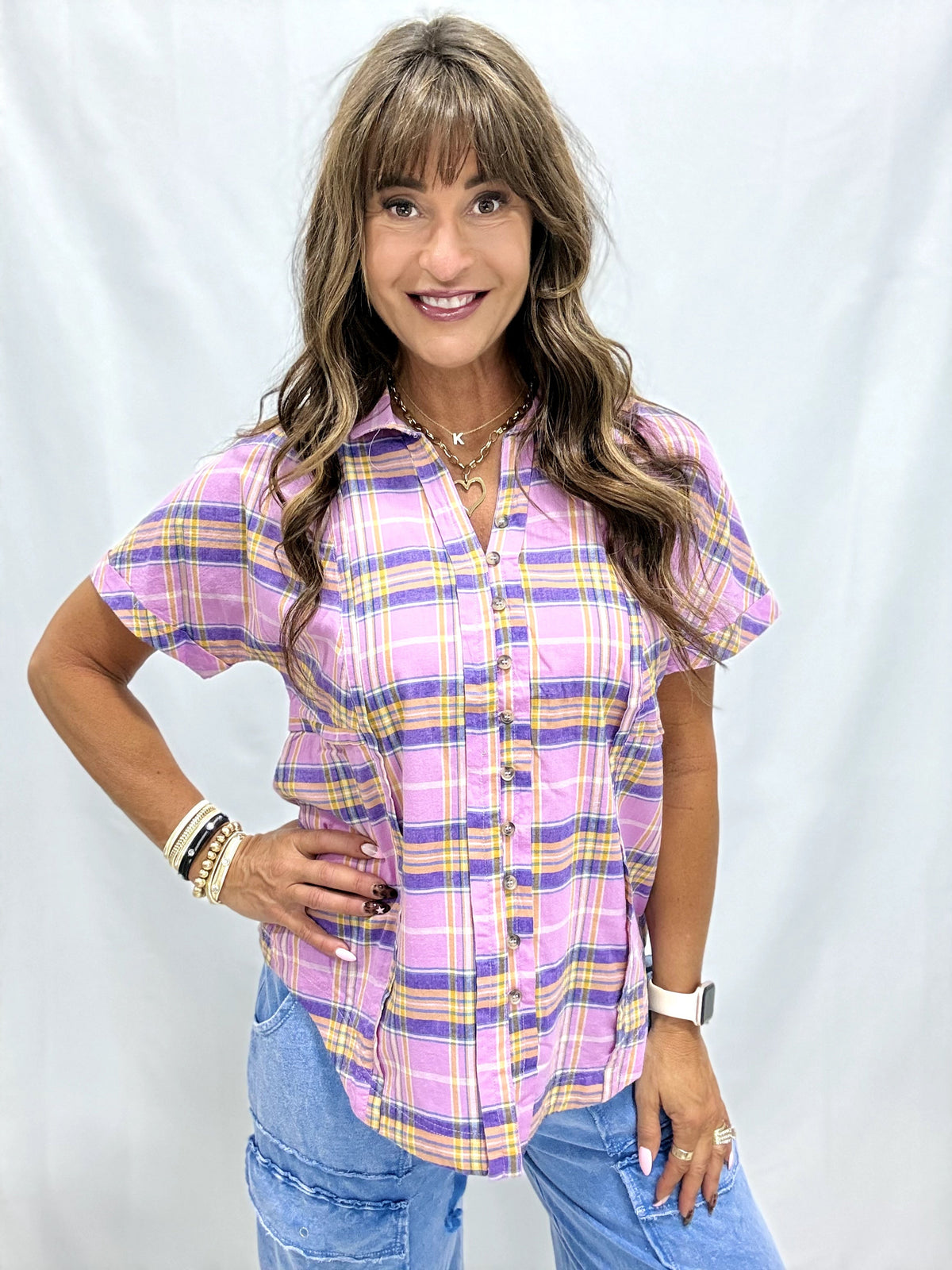 Say It Again Plaid Print Button Down Top In 2 Colors