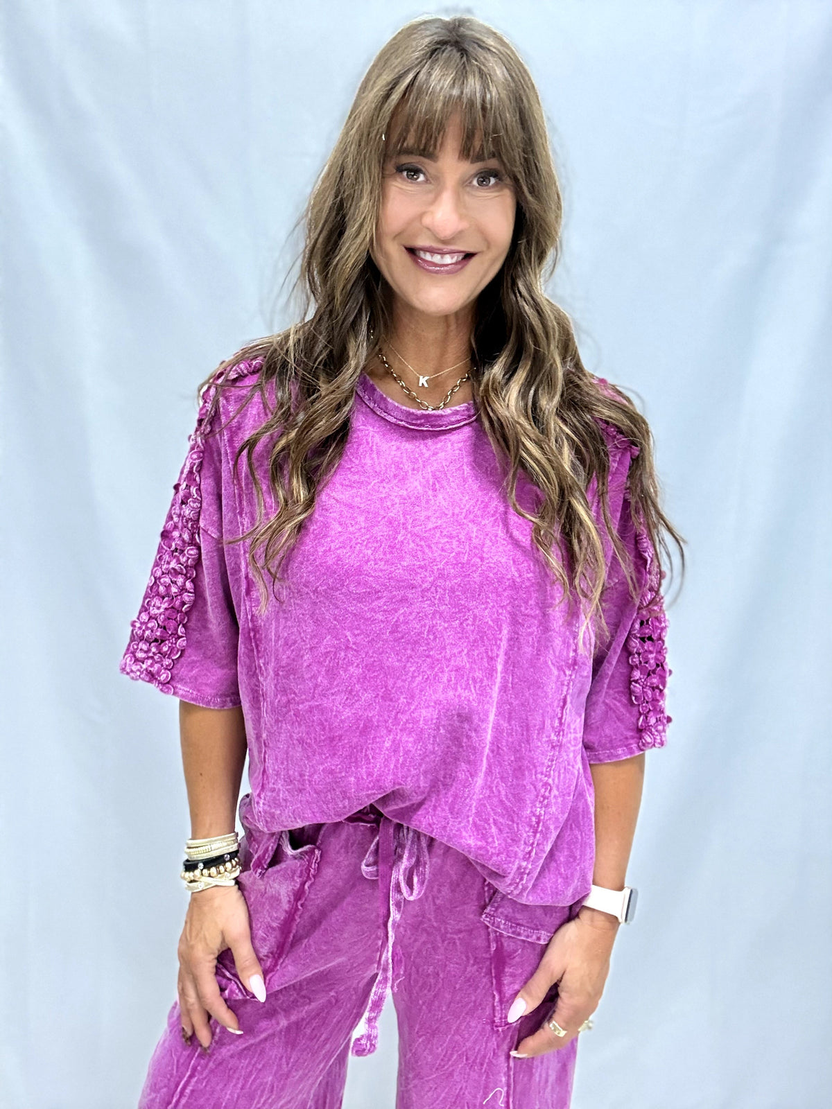 Petal Pusher Mineral Washed Flower Trim Lounge Top In 4 Colors