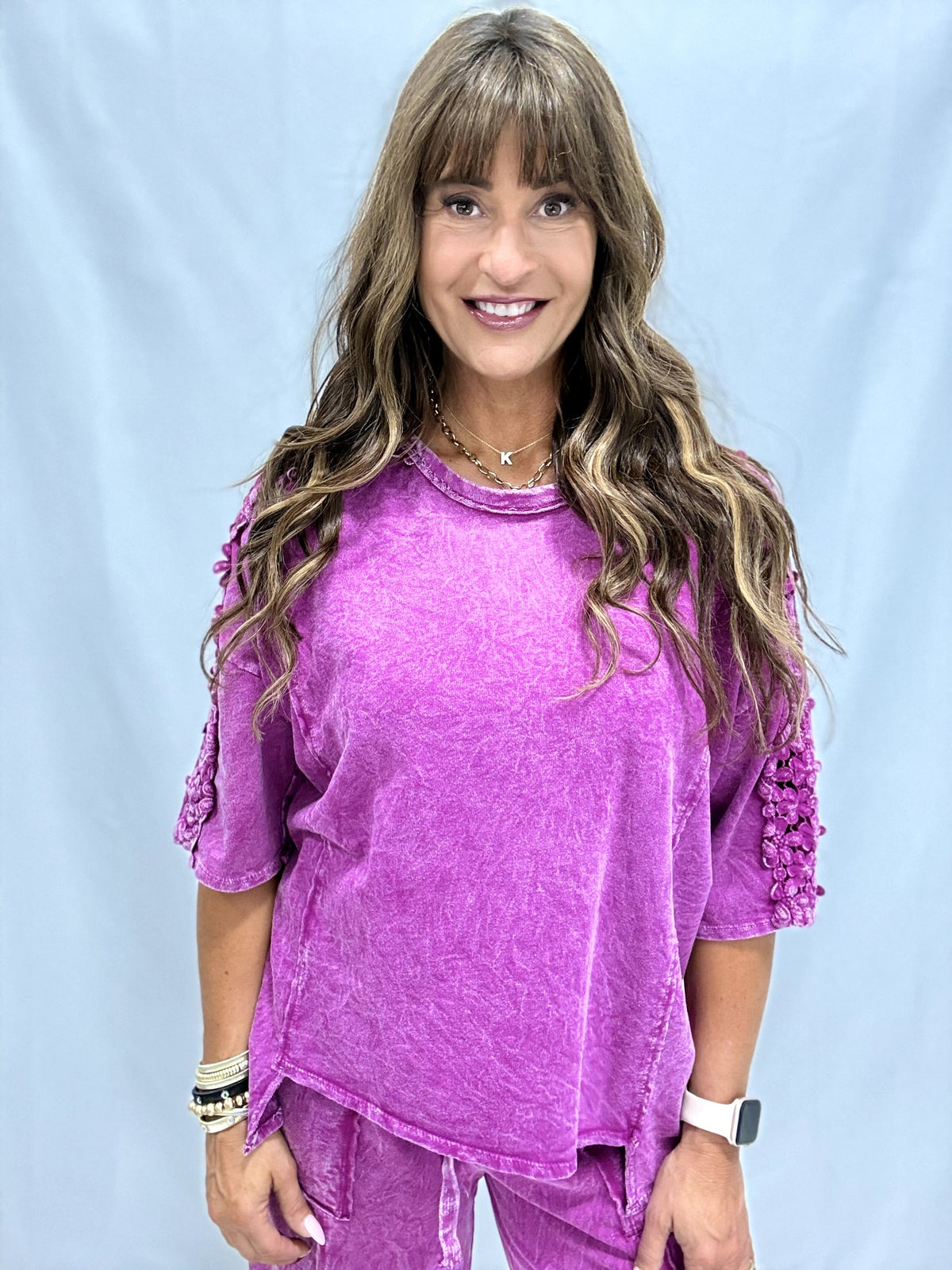 Petal Pusher Mineral Washed Flower Trim Lounge Top In 4 Colors