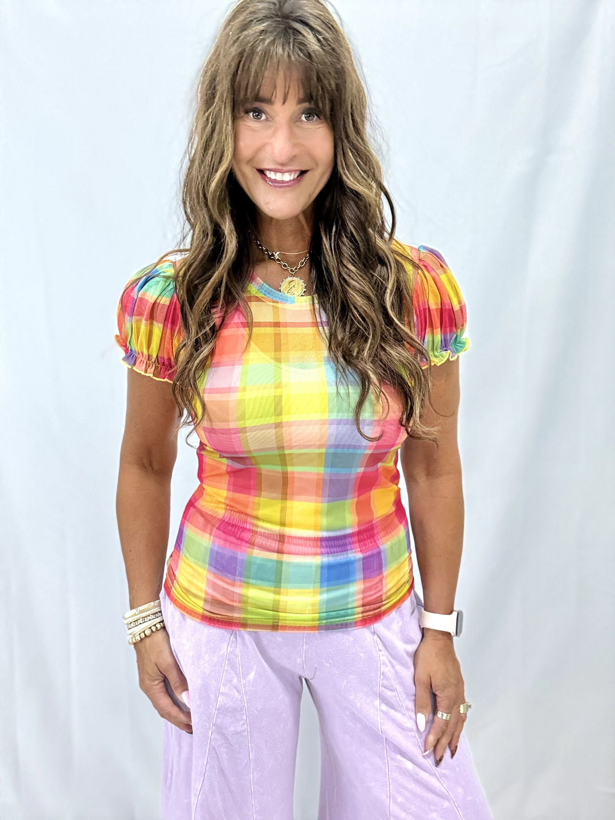 Multi Print Mesh Short Sleeve Top In 2 Colors