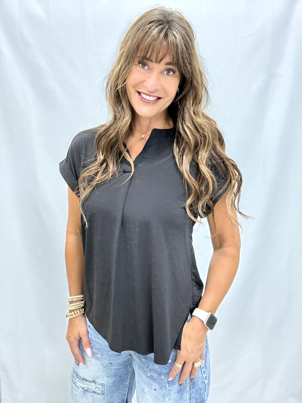 Short Sleeve Button Detail Top In 2 Colors