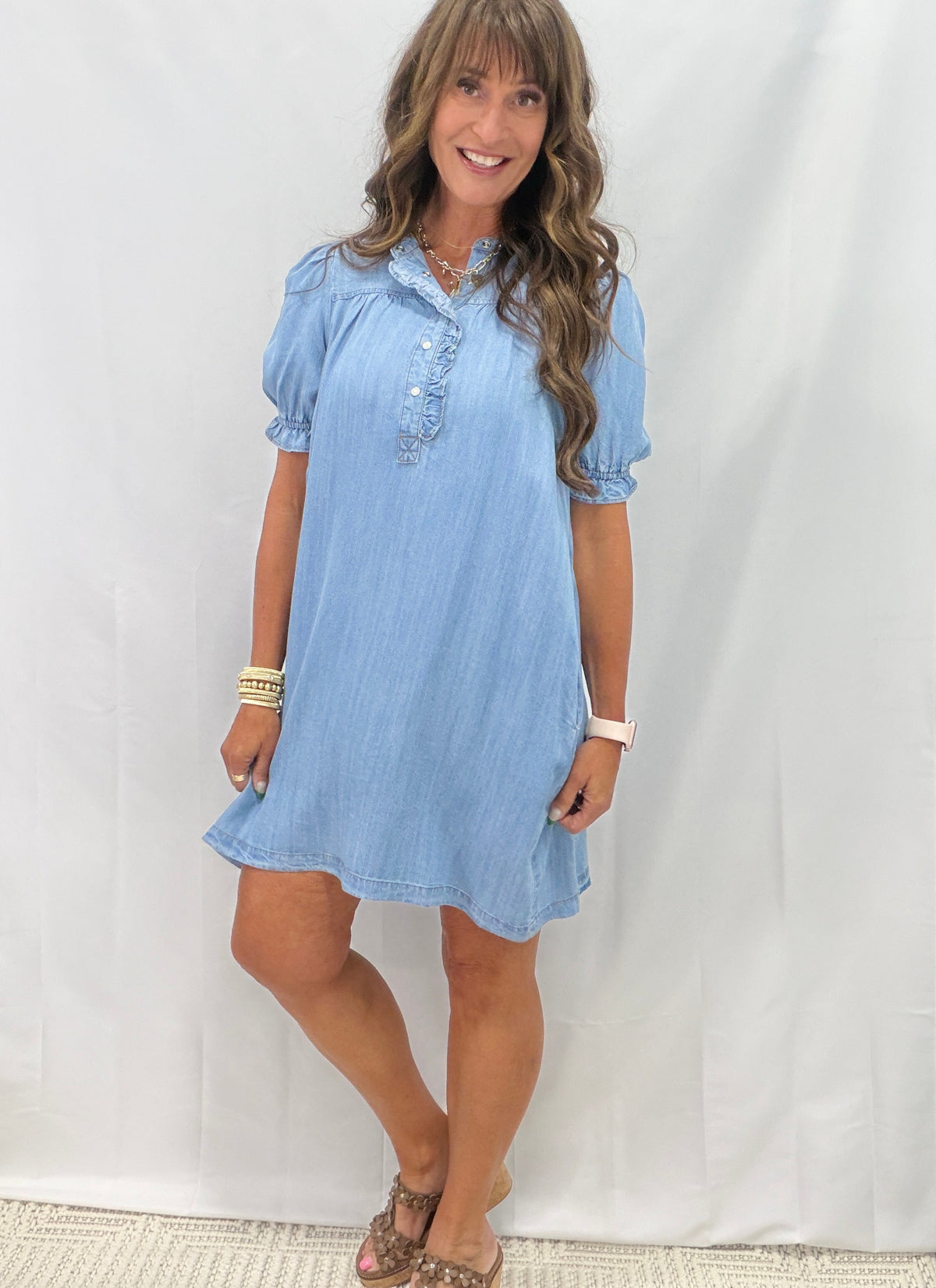 Button Front Washed Denim Dress In 2 Colors