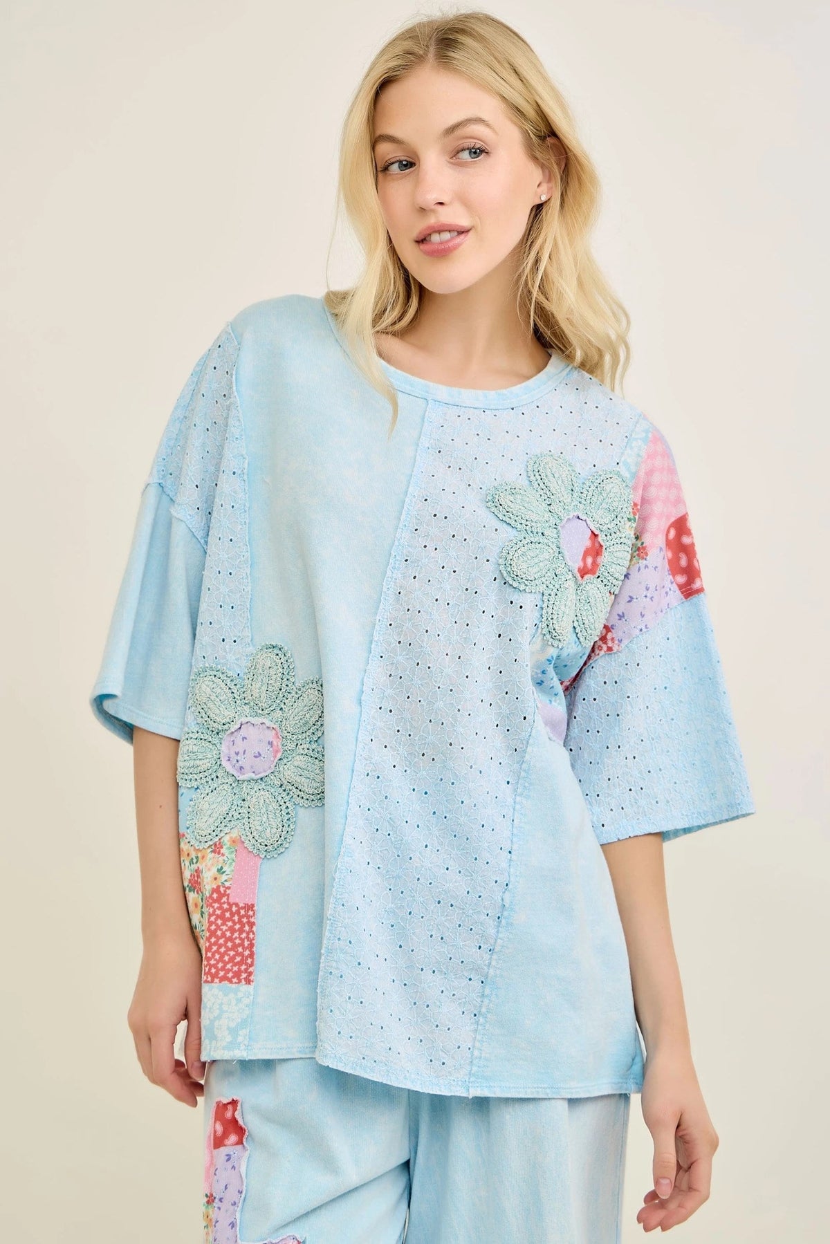 Flowerchild Mineral Washed Patchwork Eyelet Blouse In 4 Colors