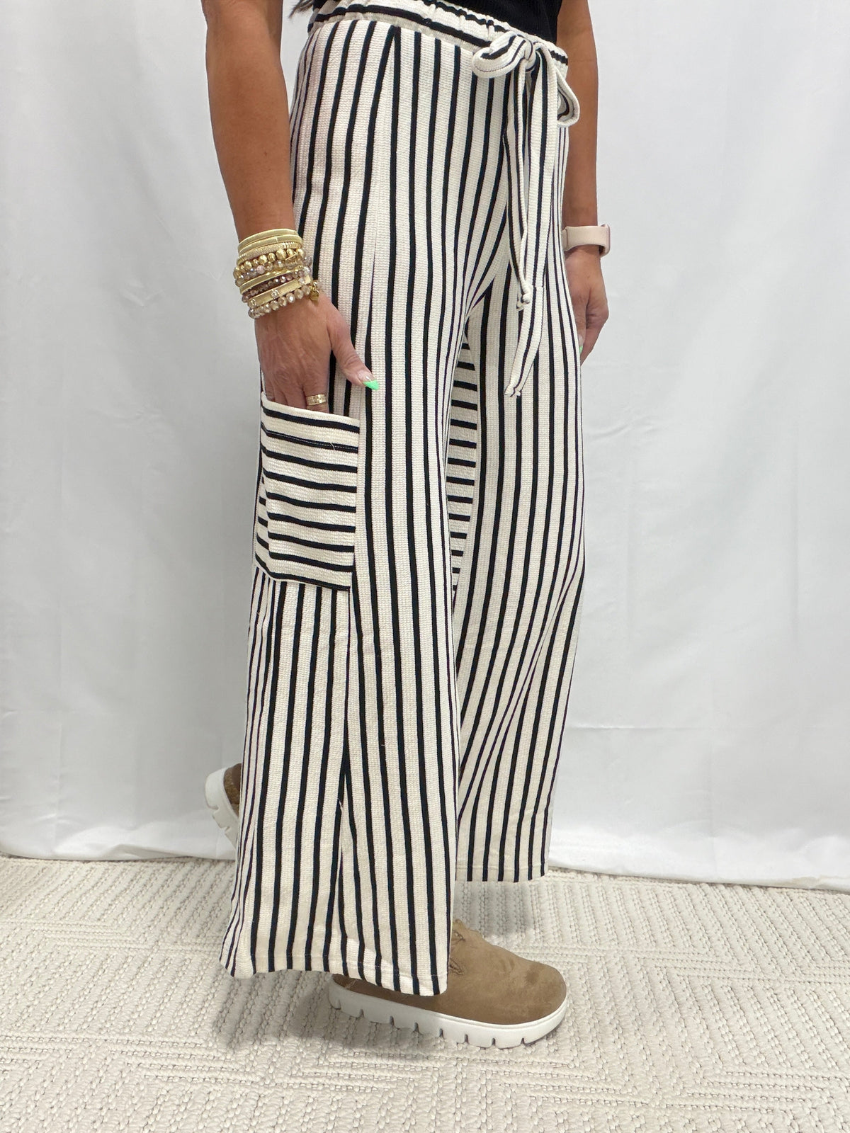It'll Steal Your Breath Wide Leg Pants In White/Black Stripe
