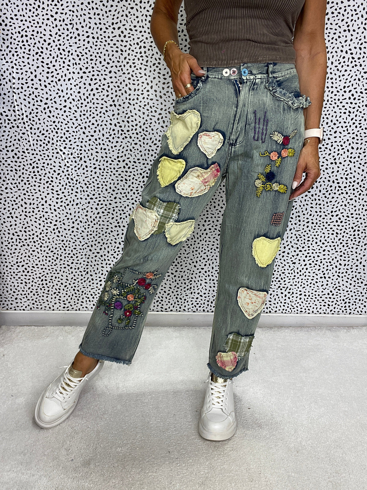 Multi Hearts Patch Work Pants In 2 Colors