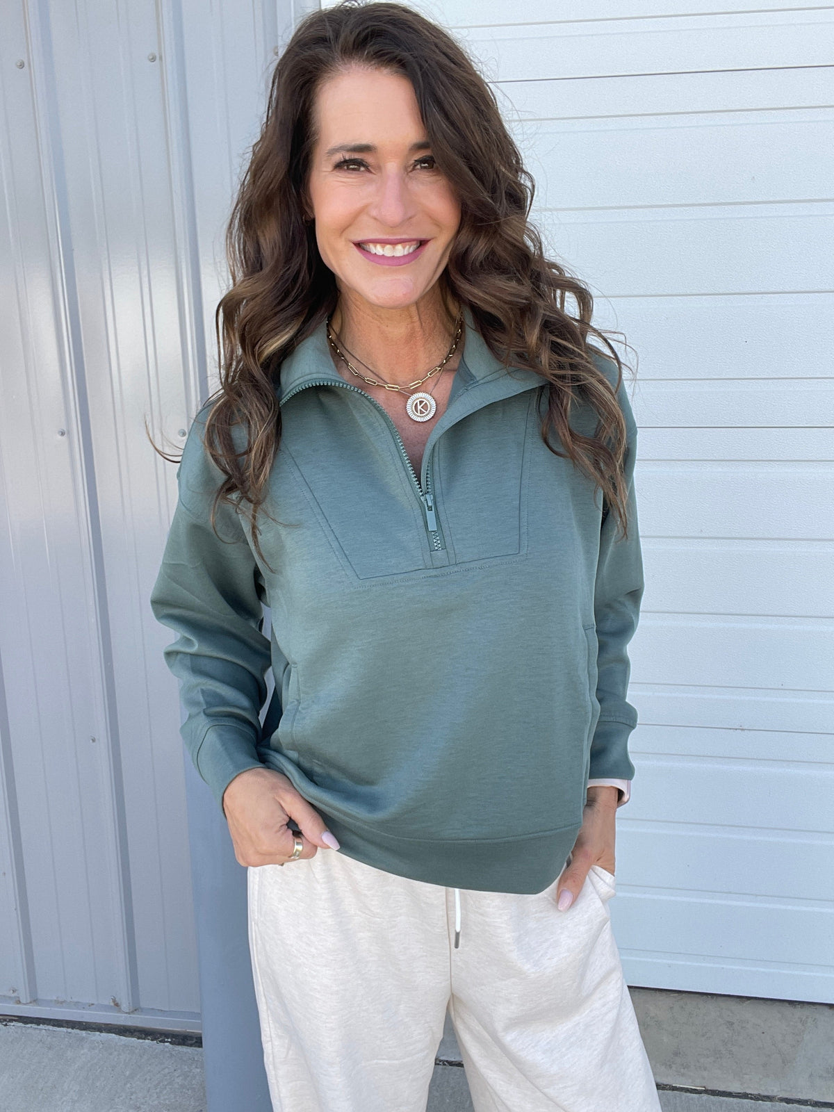 Clearing The Air Scuba Half Zip Pullover In 3 Colors: Beige, Green, Blue Grey *Final Sale*