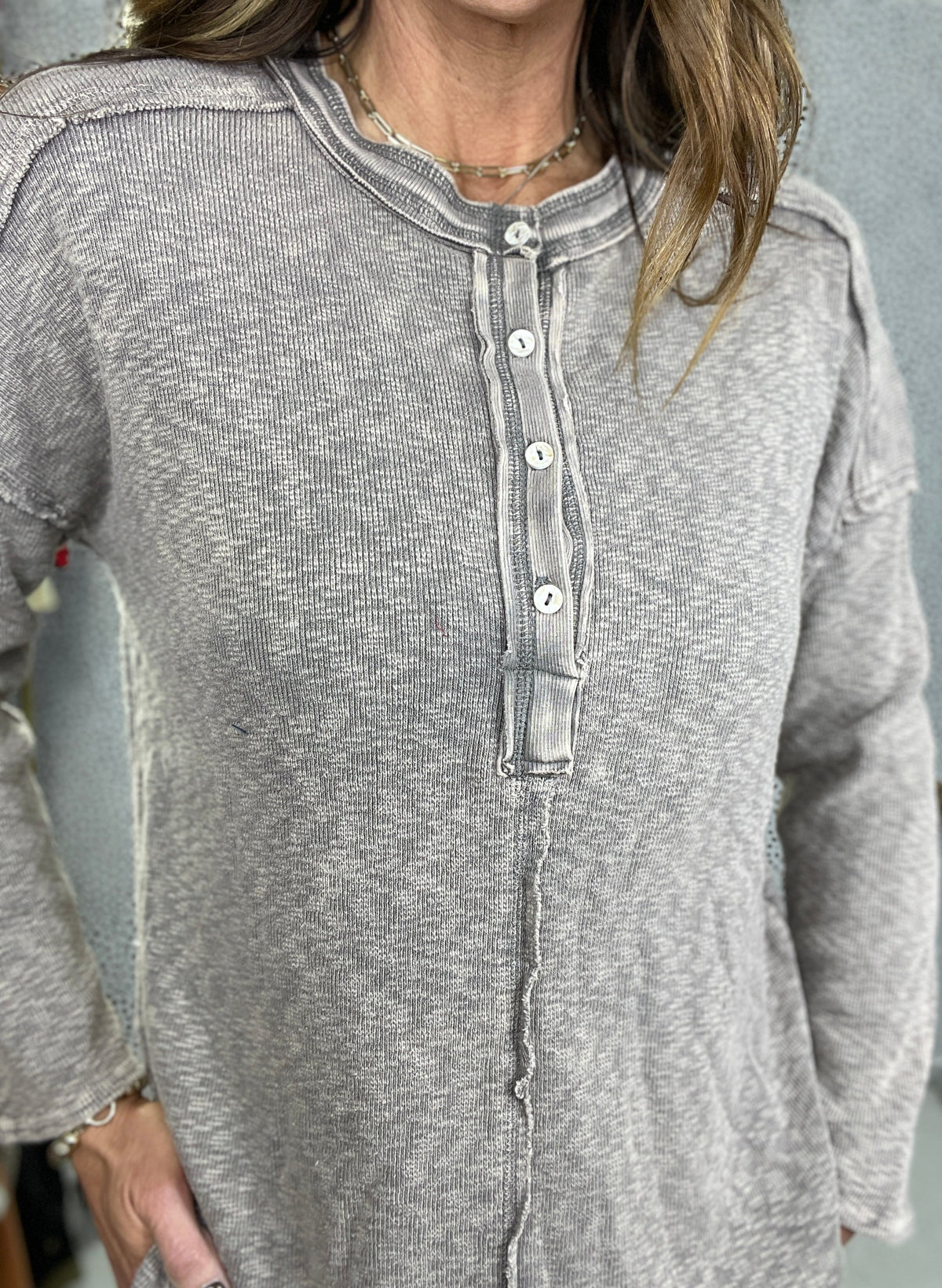 Never Lost Long Sleeve Henley Top In Heathered Charcoal *Final Sale*