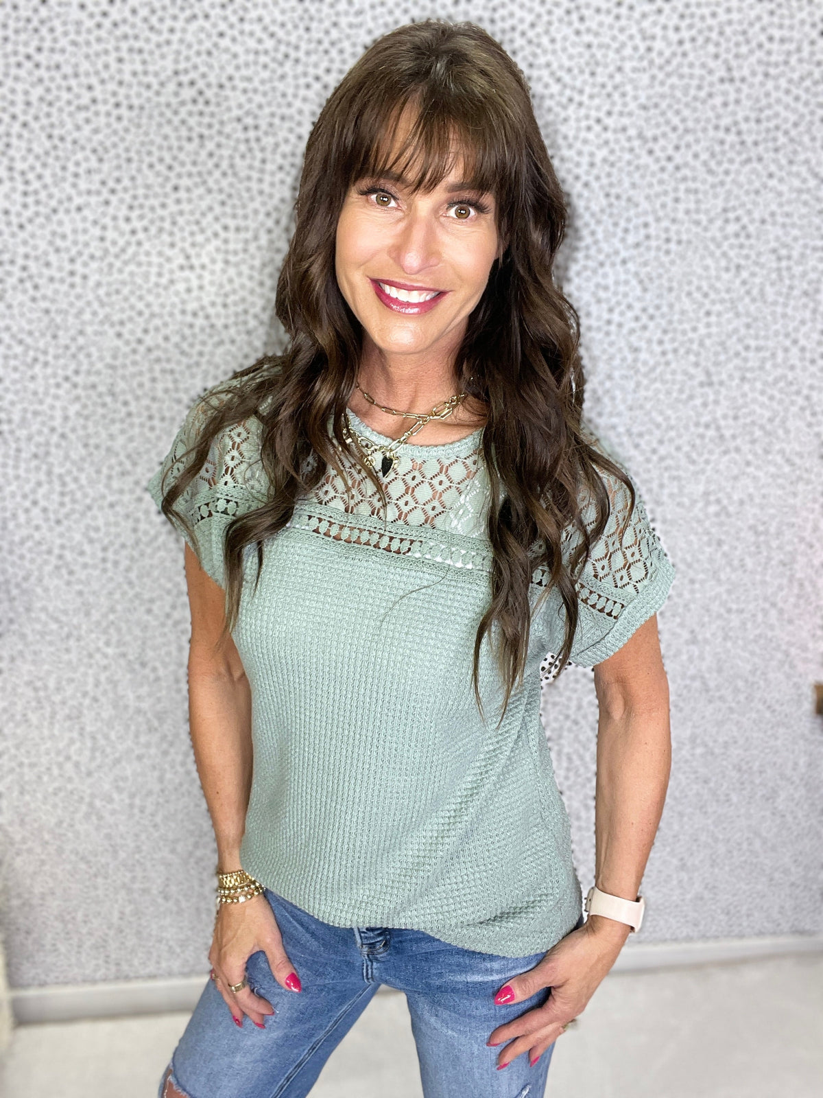 Gracie P Lace Yoke Stretch Short Sleeve Top in 3 Colors *Final Sale*