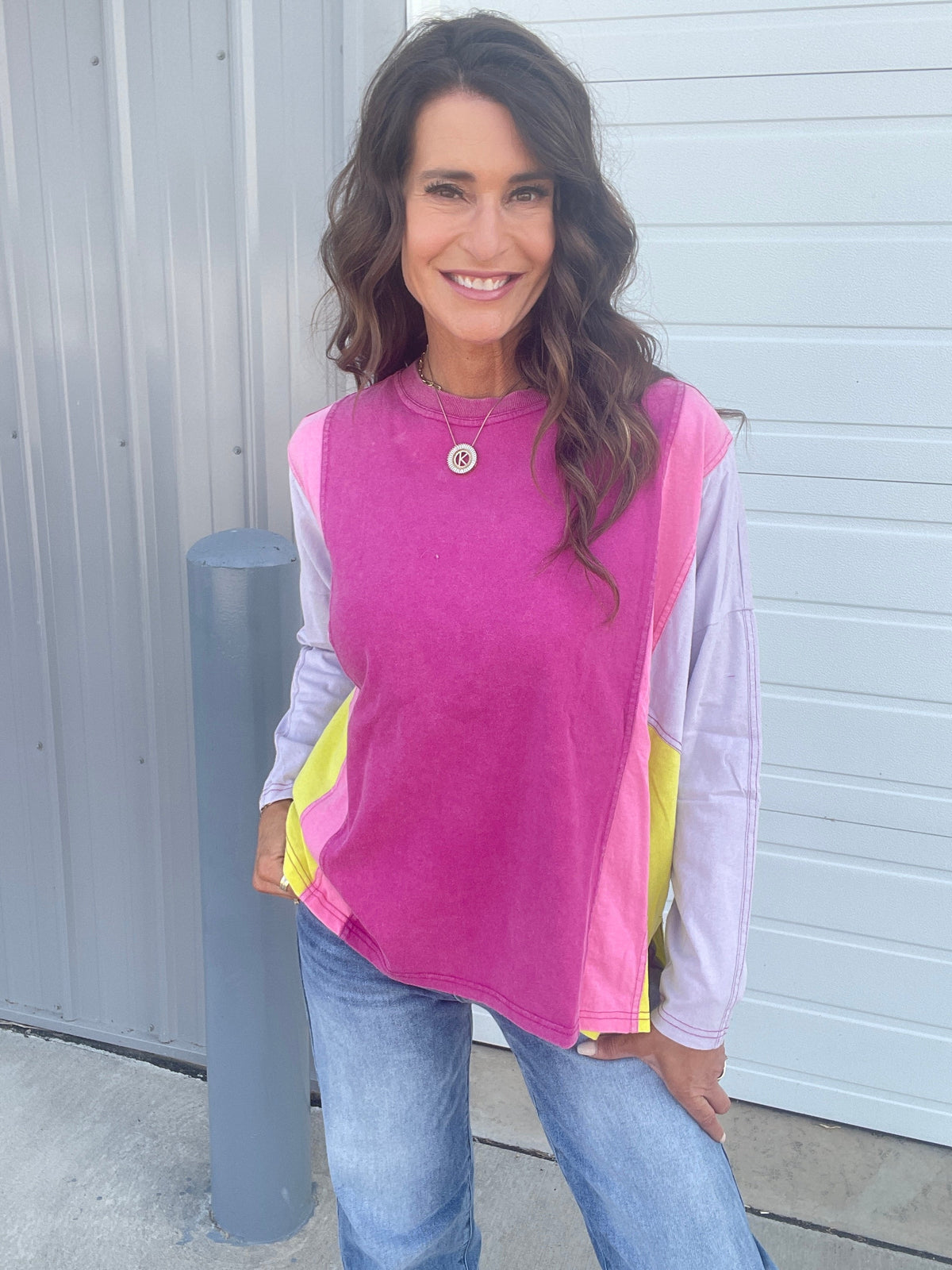 Splash of Color Cotton Crewneck Pullover In 2 Colors: Magenta, Mocha *Final Sale*