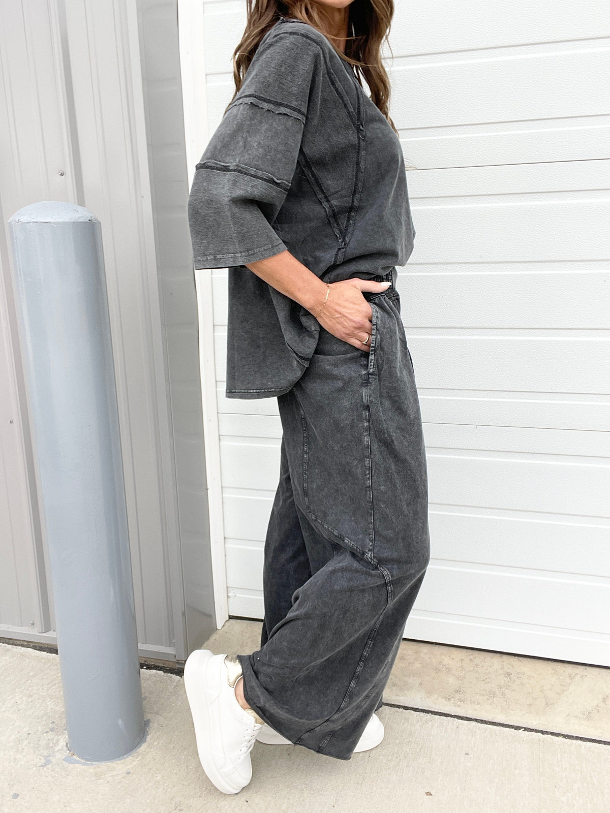 To The Top Mineral Washed Full Length Pants In 3 Colors: Black, Mocha, Green