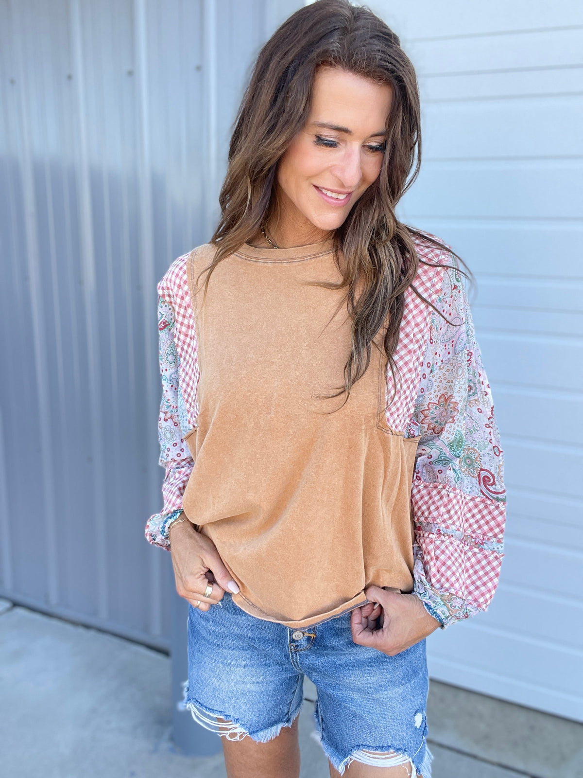Show Me Around Mix Print Top In 5 Colors: Grey, Khaki, Camel, Olive, Mushroom *Final Sale*