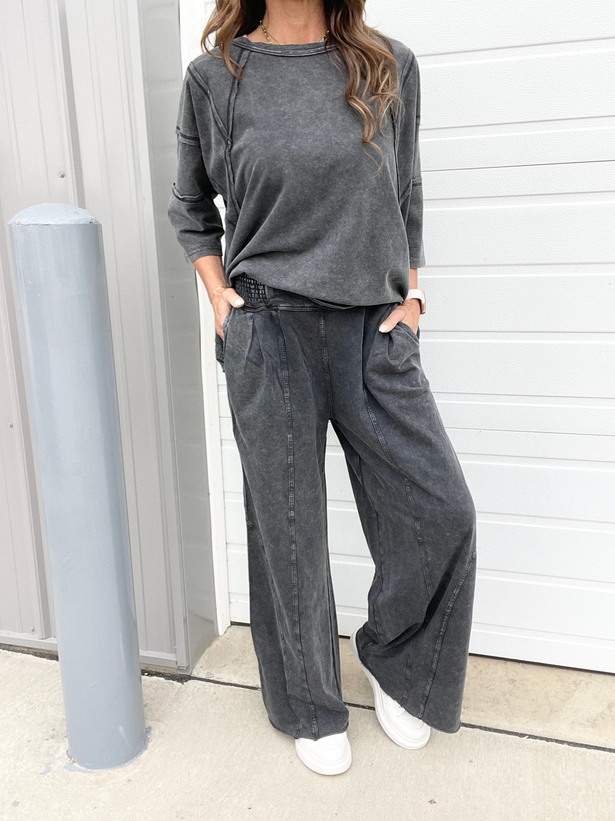 To The Top Mineral Washed Full Length Pants In 3 Colors: Black, Mocha, Green