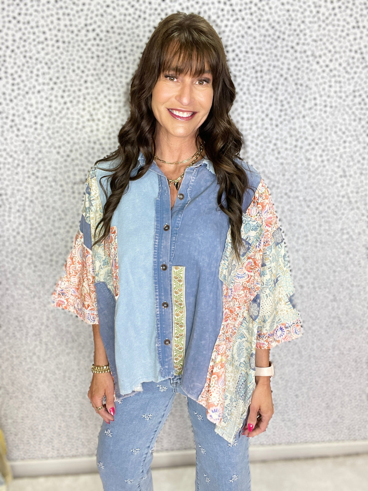 City Lights Multi Fabric Raw Edge Shirt In 2 Colors